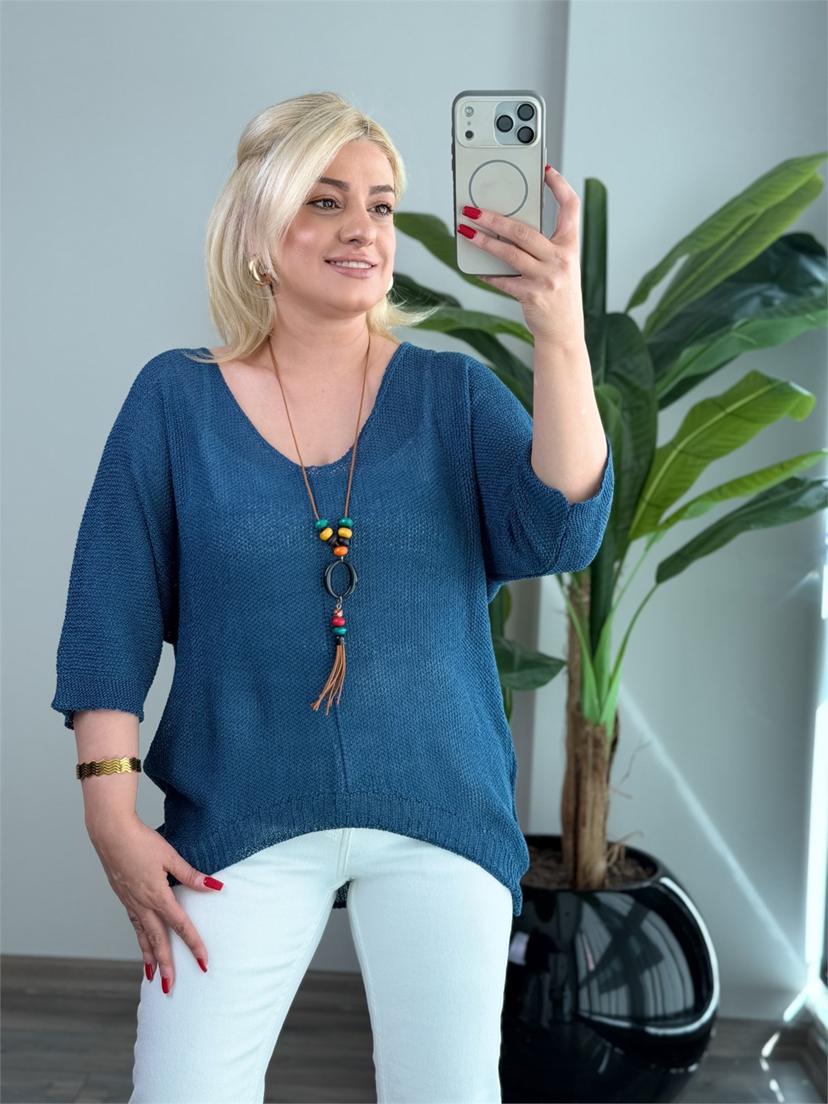 Asimetrik Kesim Triko Bluz İNDİGO