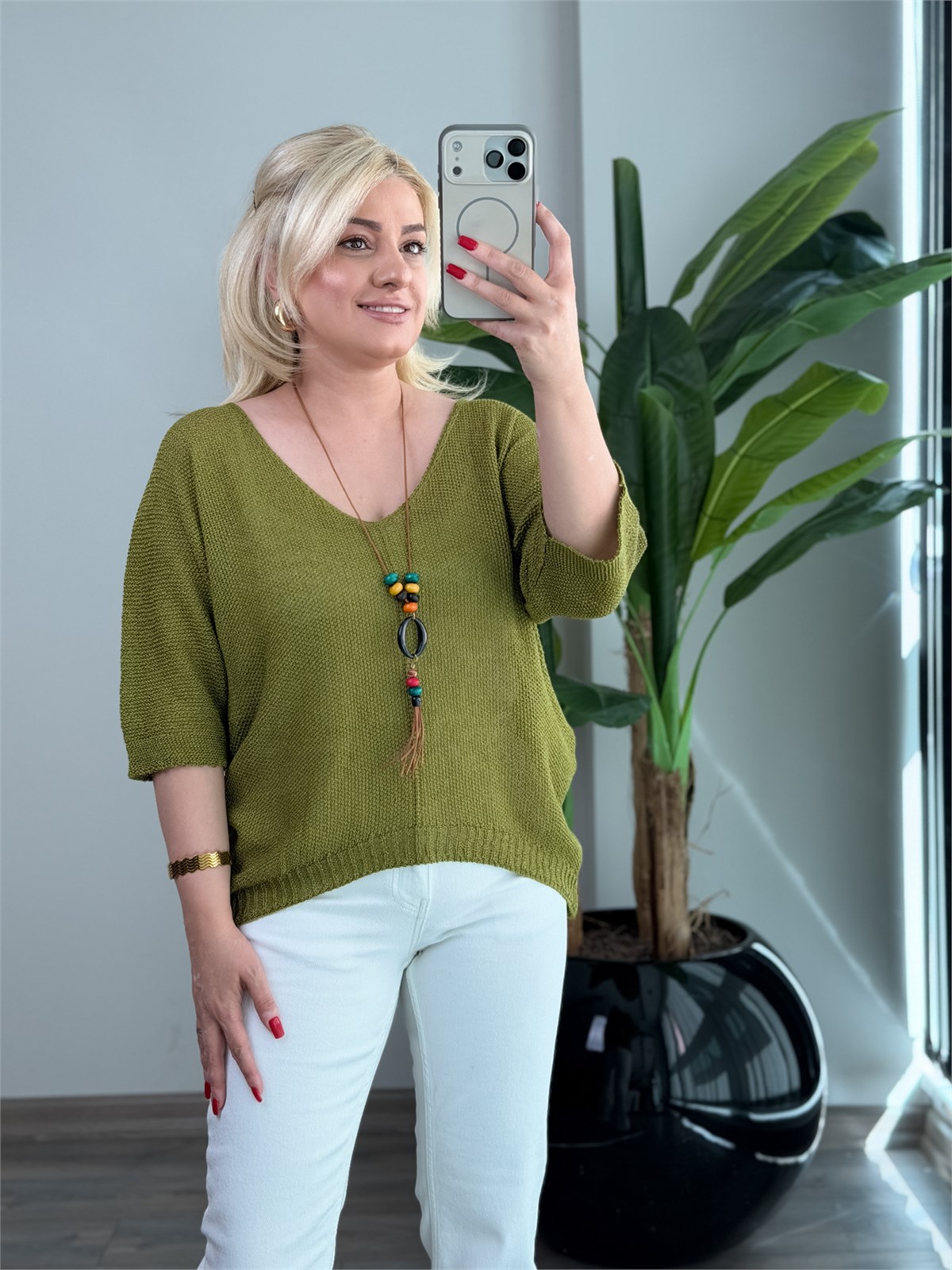 Asimetrik Kesim Triko Bluz YEŞİL