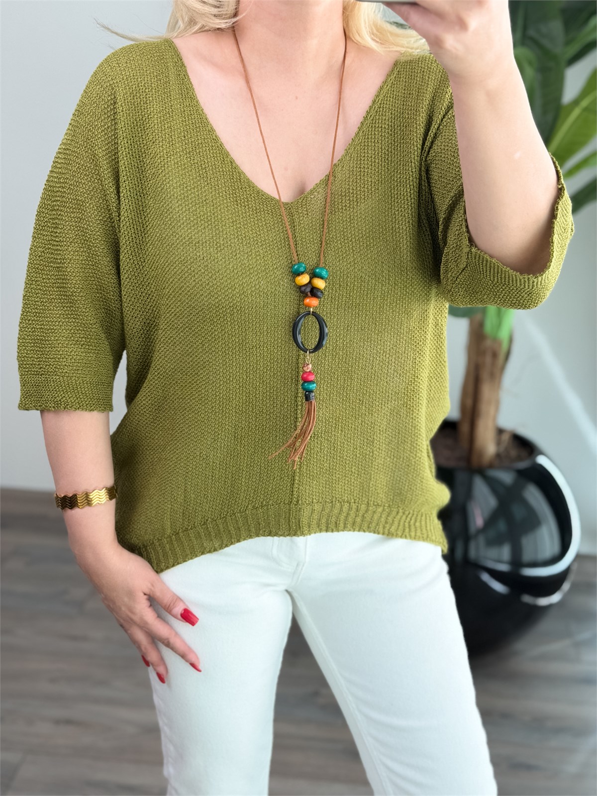 Asimetrik Kesim Triko Bluz YEŞİL