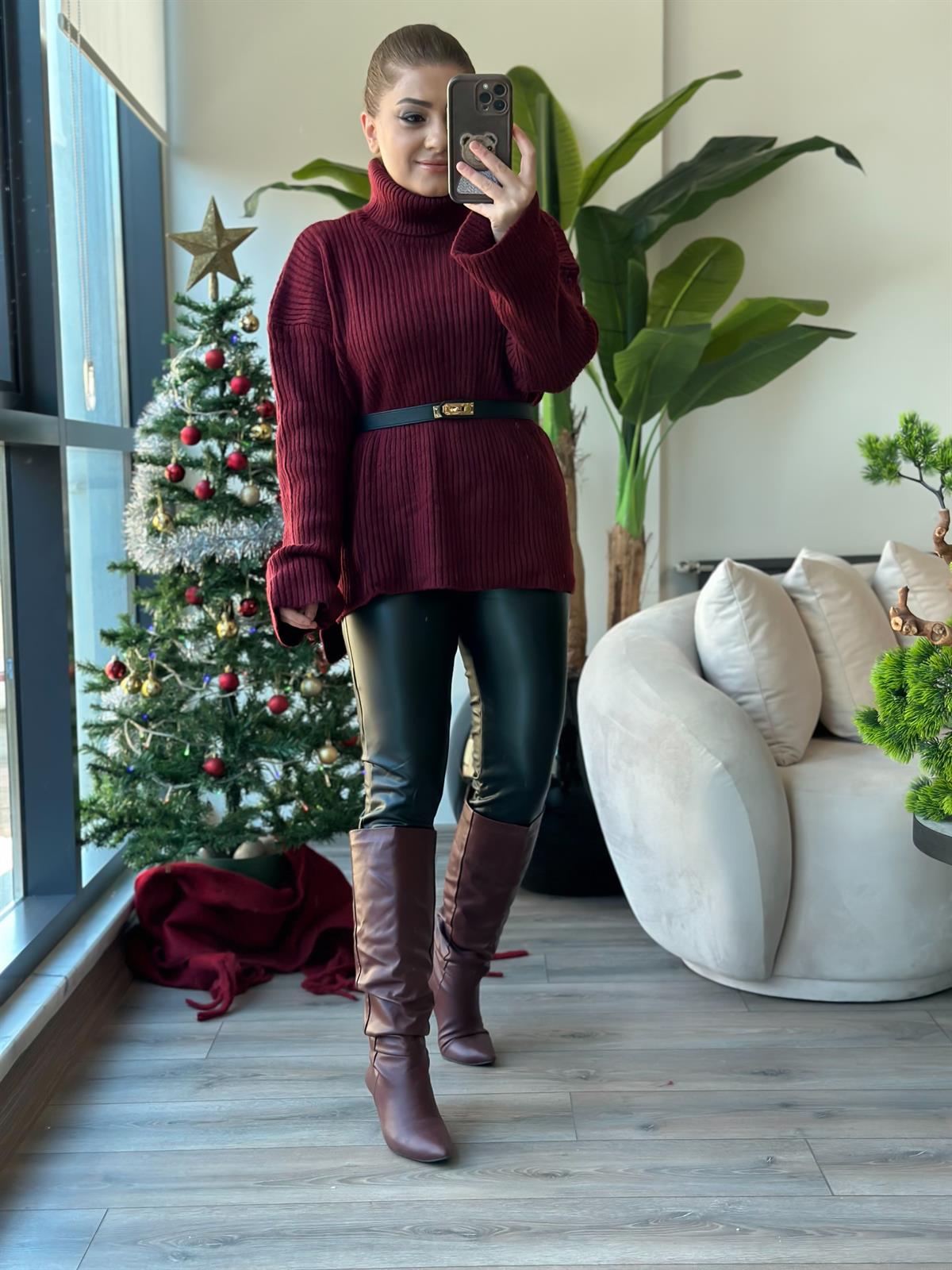 Balıkçı Yaka Triko Uzun Kazak BORDO