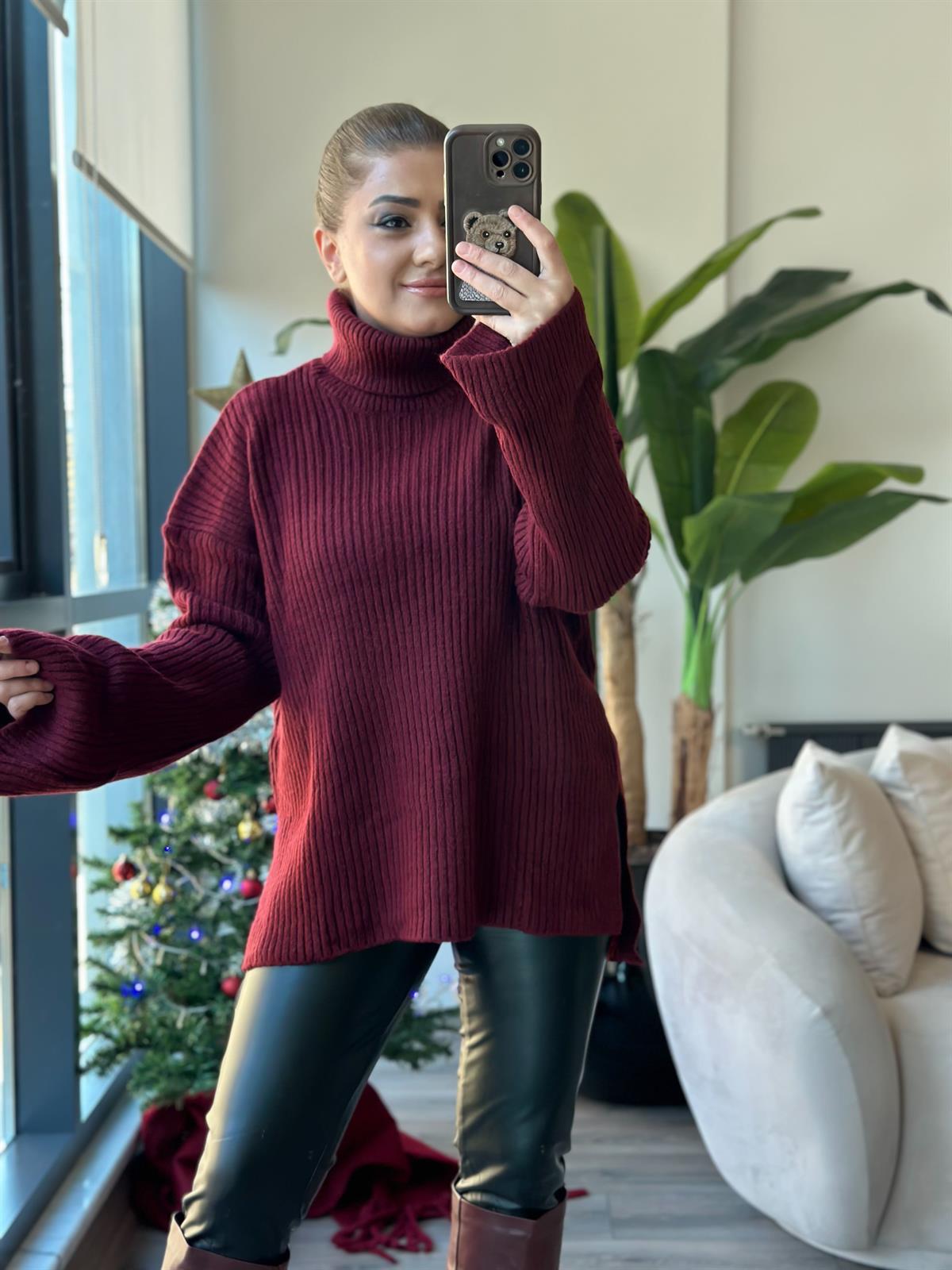 Balıkçı Yaka Triko Uzun Kazak BORDO