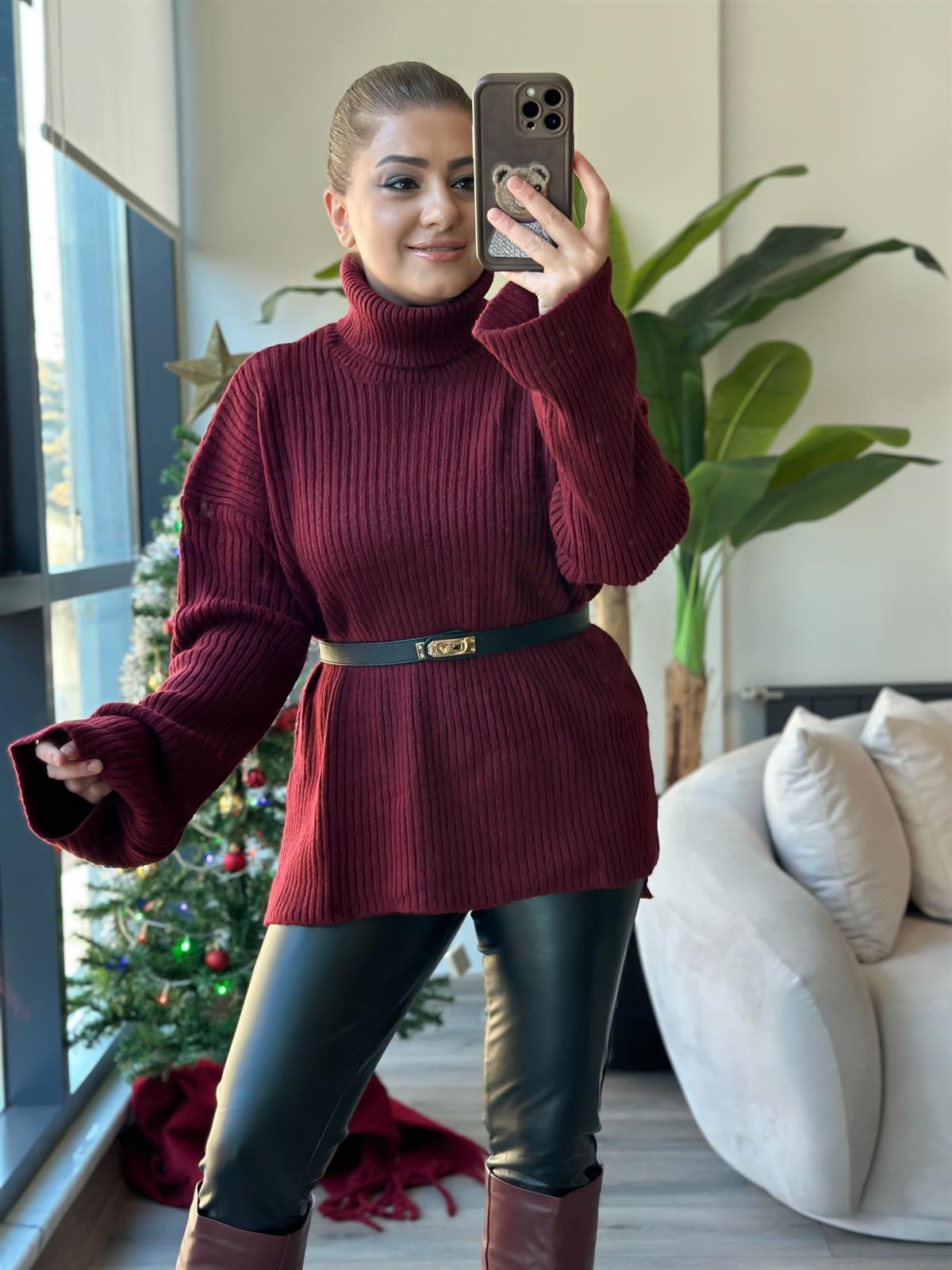 Balıkçı Yaka Triko Uzun Kazak BORDO