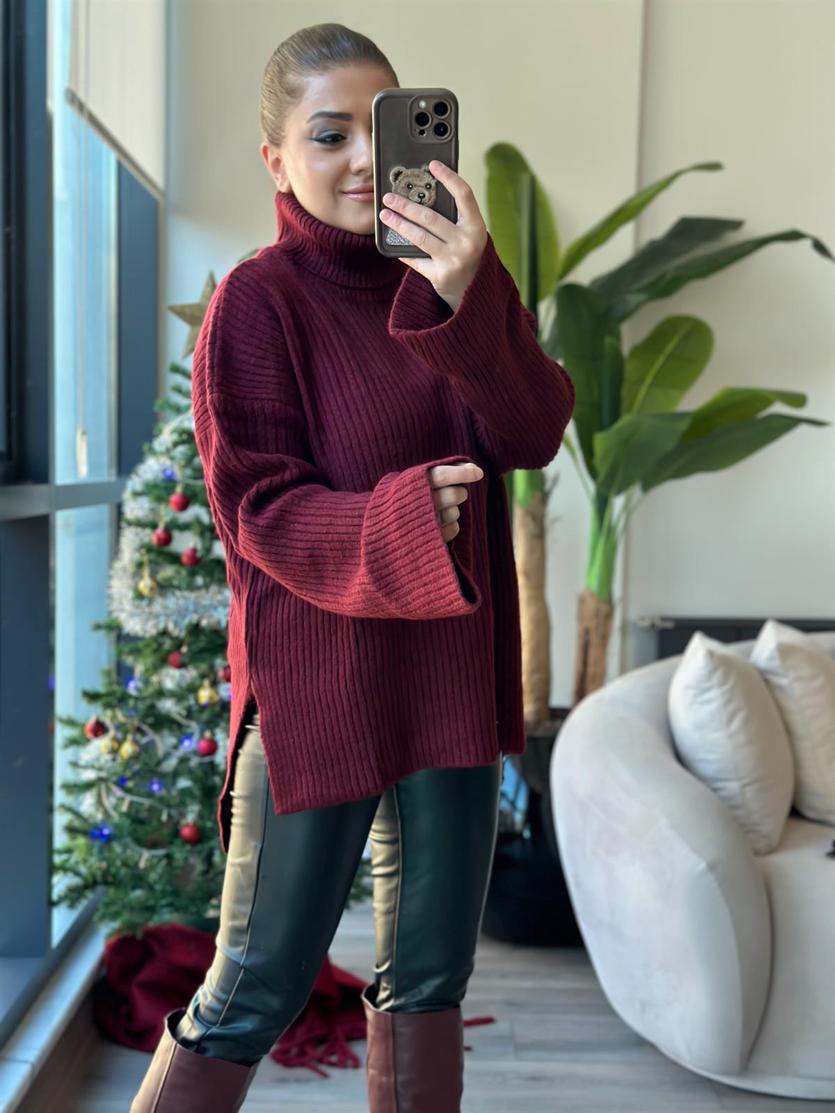 Balıkçı Yaka Triko Uzun Kazak BORDO