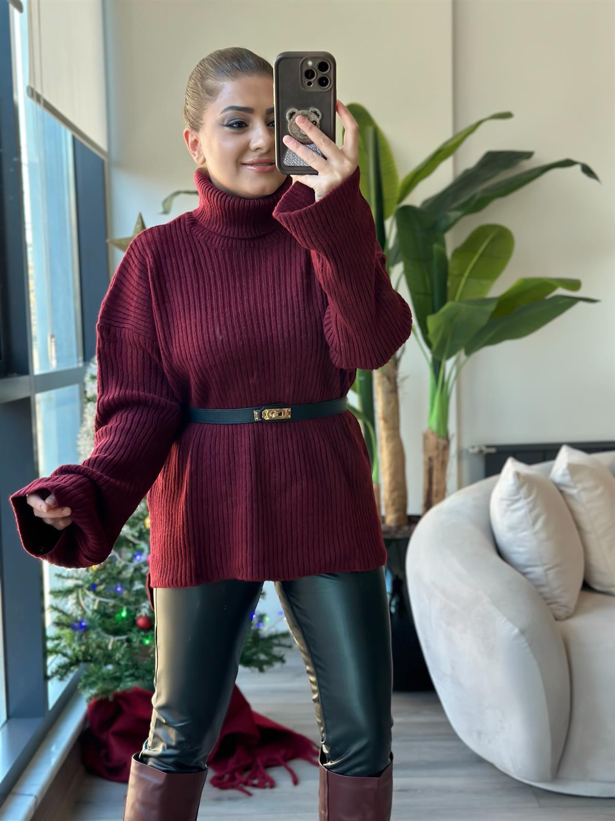 Balıkçı Yaka Triko Uzun Kazak BORDO