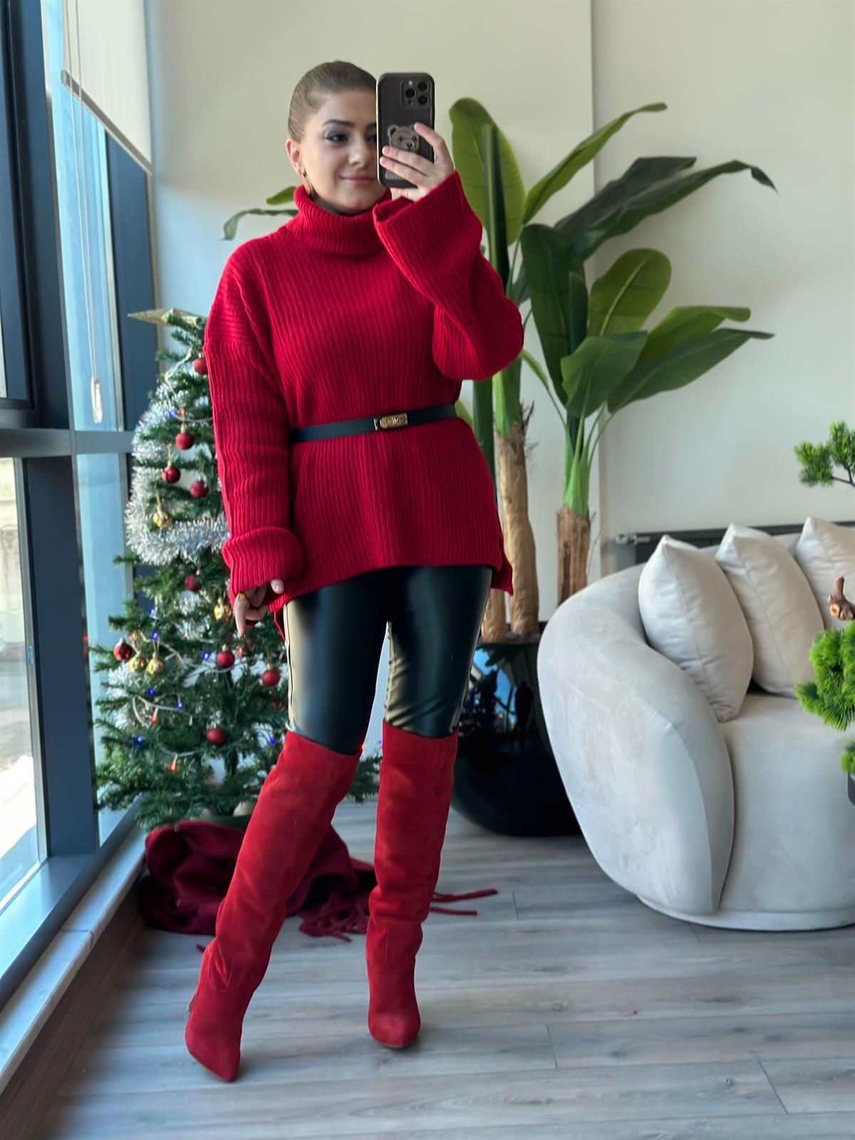 Balıkçı Yaka Triko Uzun Kazak KIRMIZI