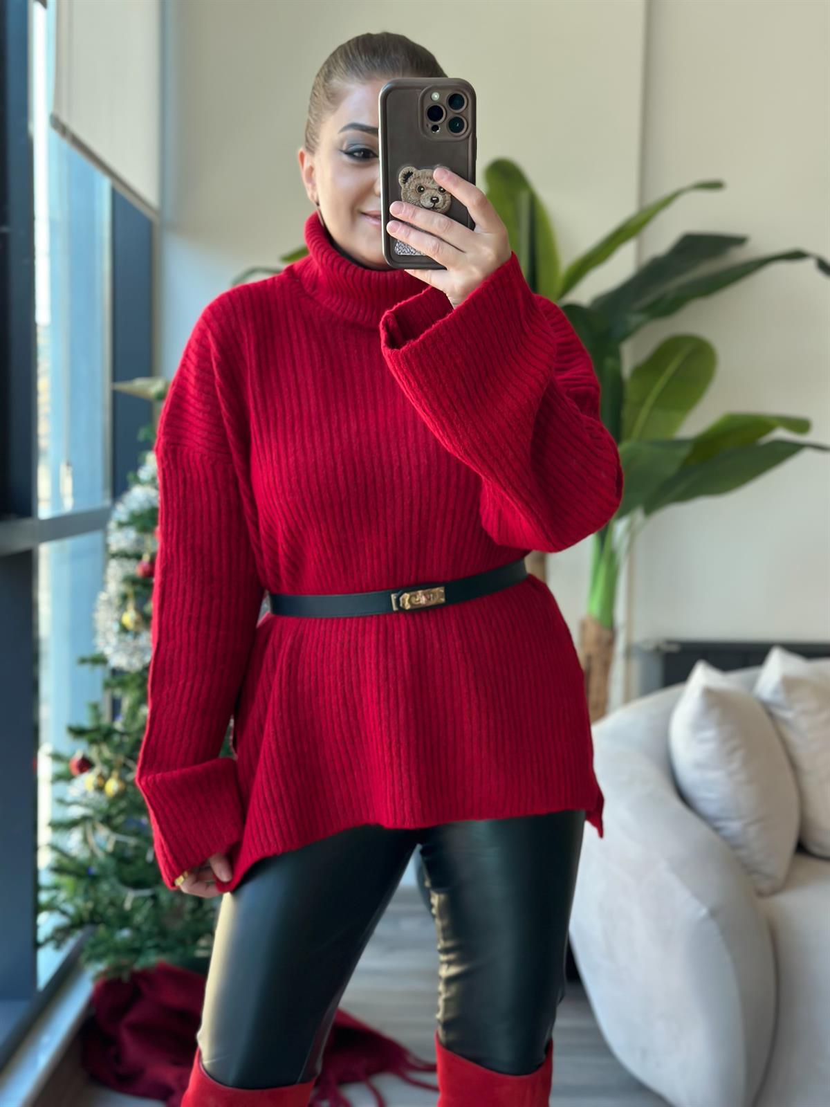 Balıkçı Yaka Triko Uzun Kazak KIRMIZI