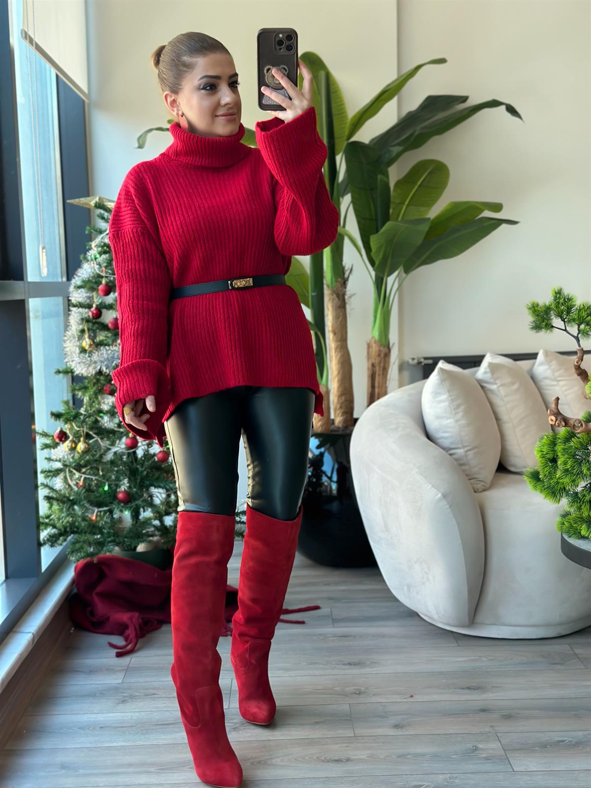 Balıkçı Yaka Triko Uzun Kazak KIRMIZI