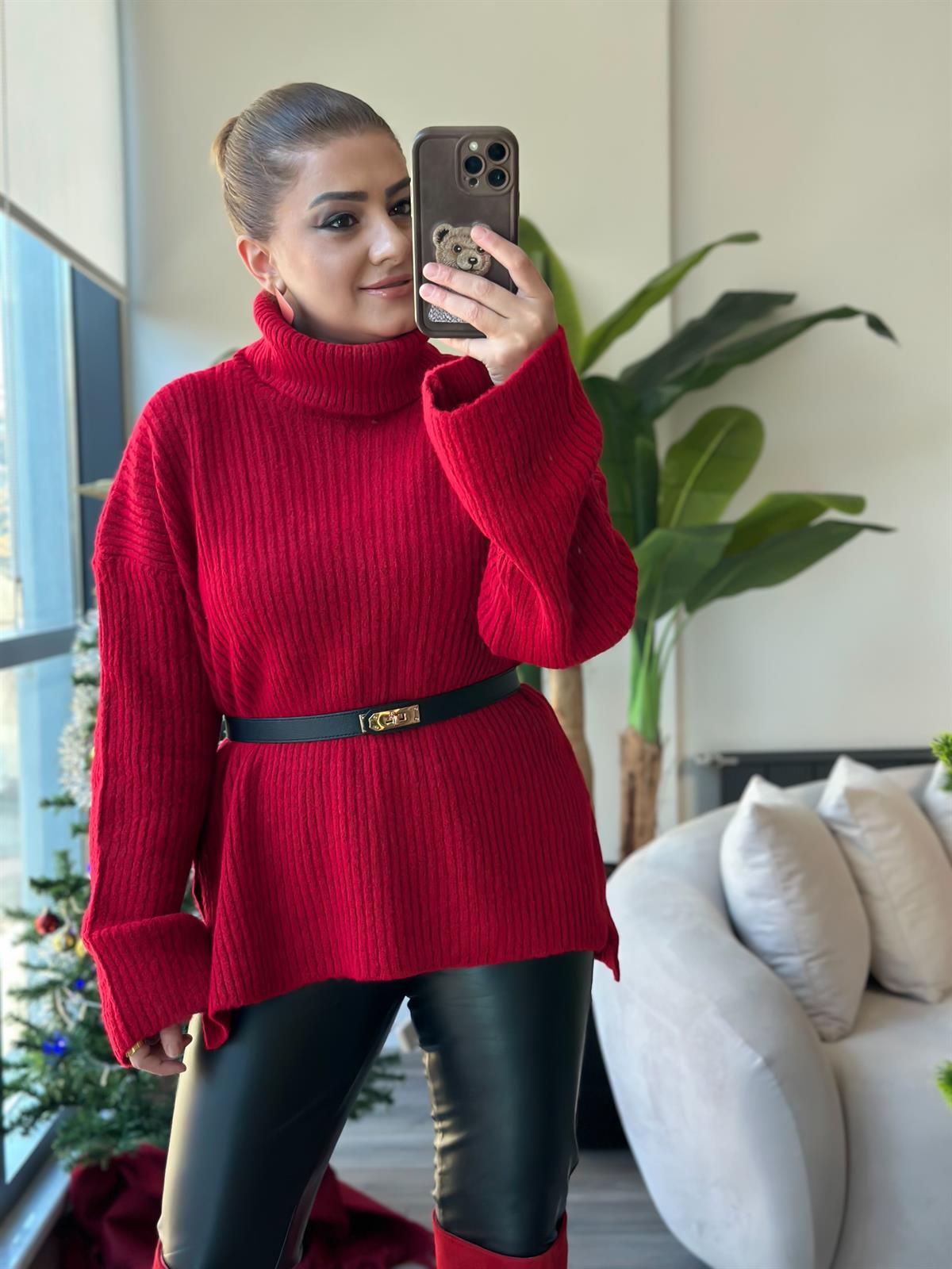 Balıkçı Yaka Triko Uzun Kazak KIRMIZI