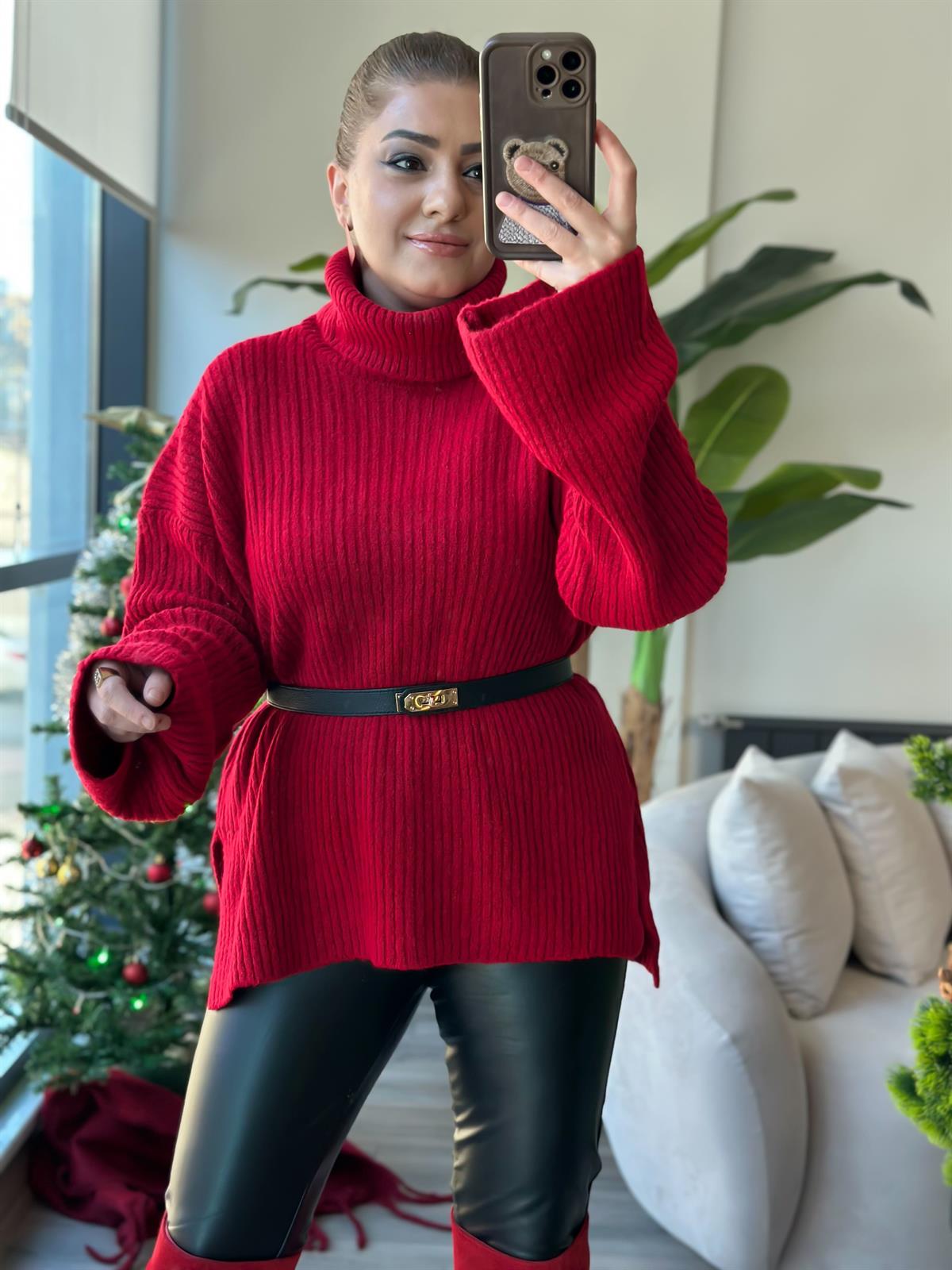 Balıkçı Yaka Triko Uzun Kazak KIRMIZI