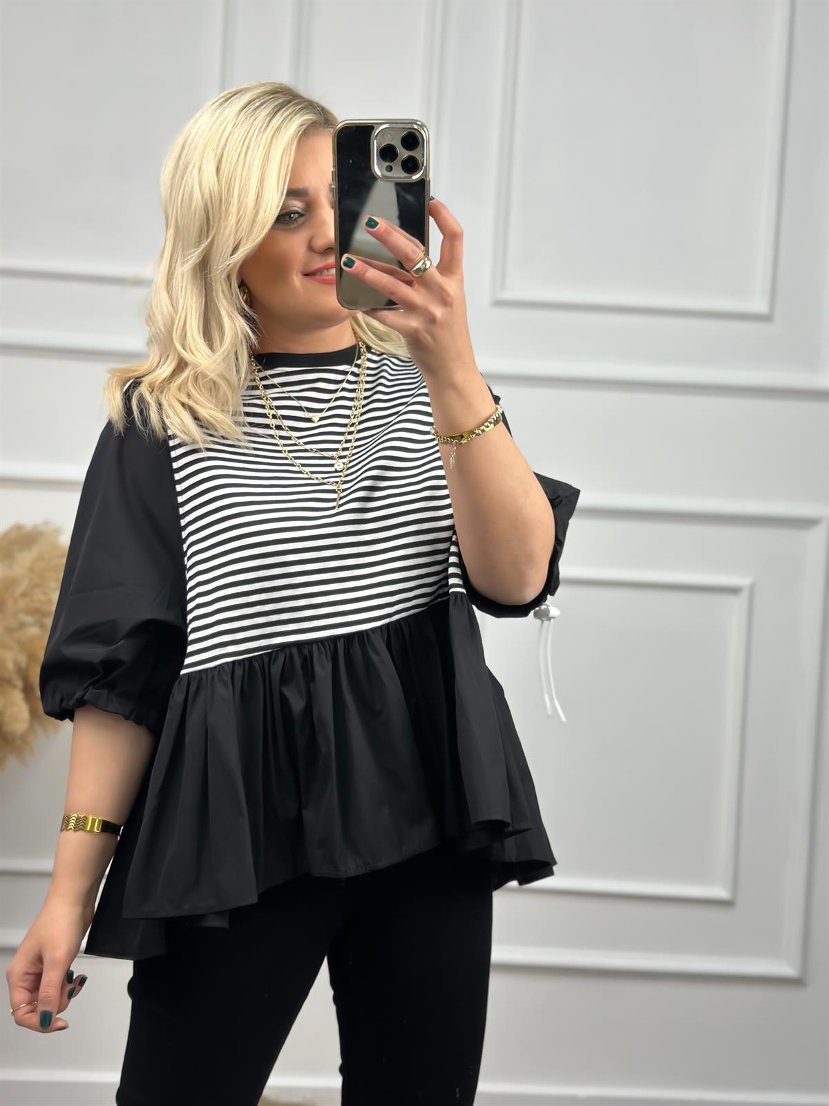 Balon Kol Lastik Detaylı Beyaz Çizgili Poplin Tshirt SİYAH