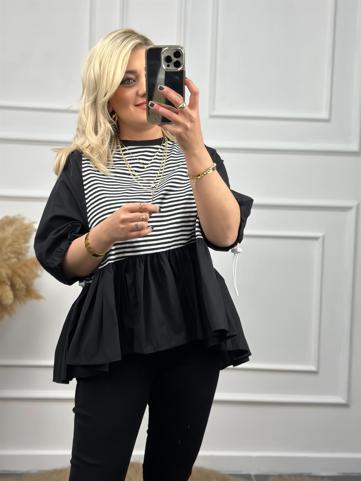 Balon Kol Lastik Detaylı Beyaz Çizgili Poplin Tshirt SİYAH