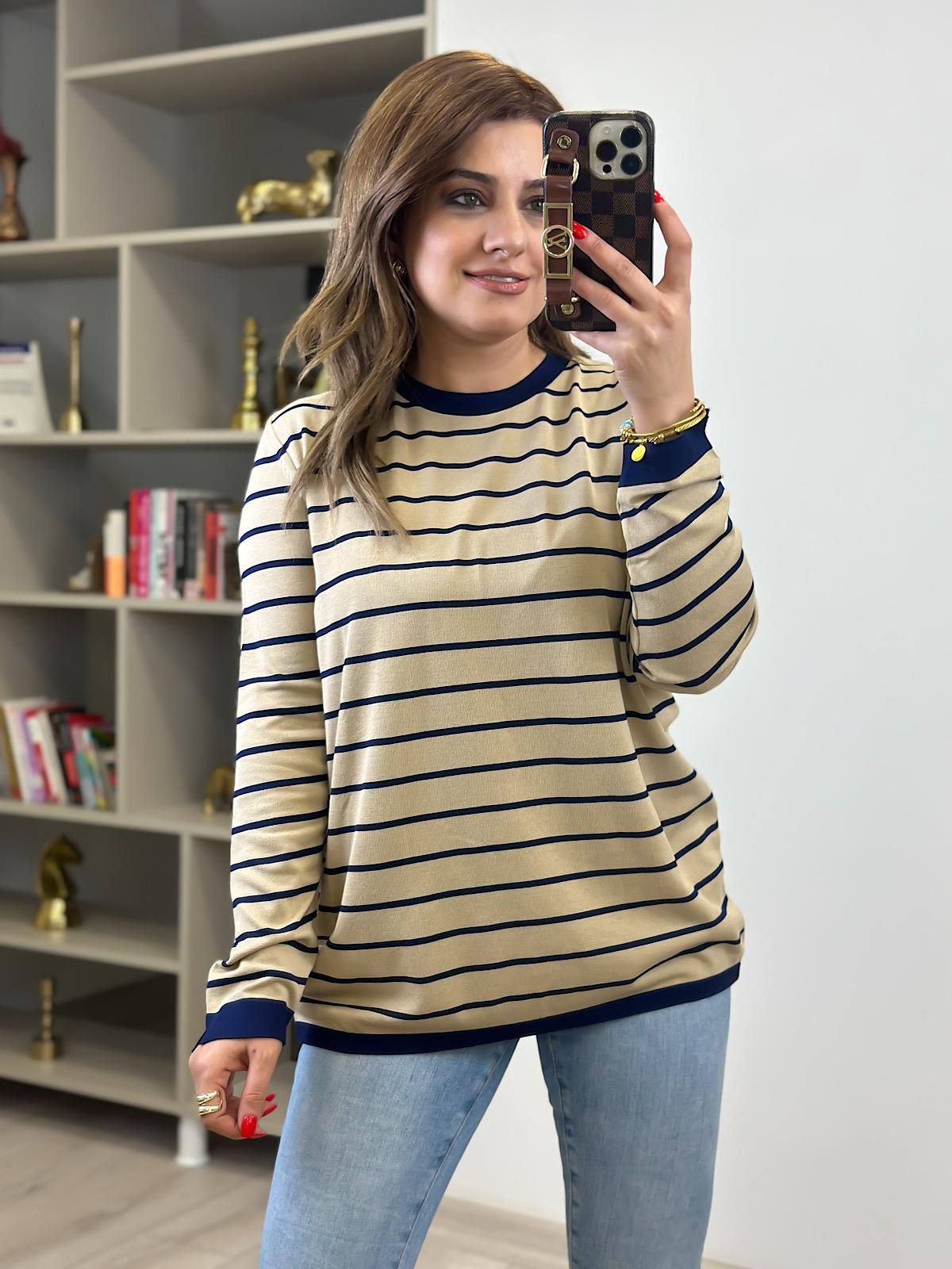 Basic Çizgili Uzun Kol Triko Kazak CAMEL LACİVERT