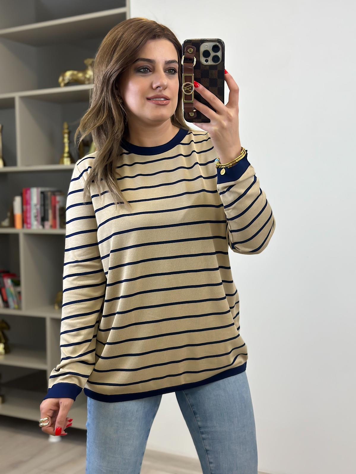 Basic Çizgili Uzun Kol Triko Kazak CAMEL LACİVERT