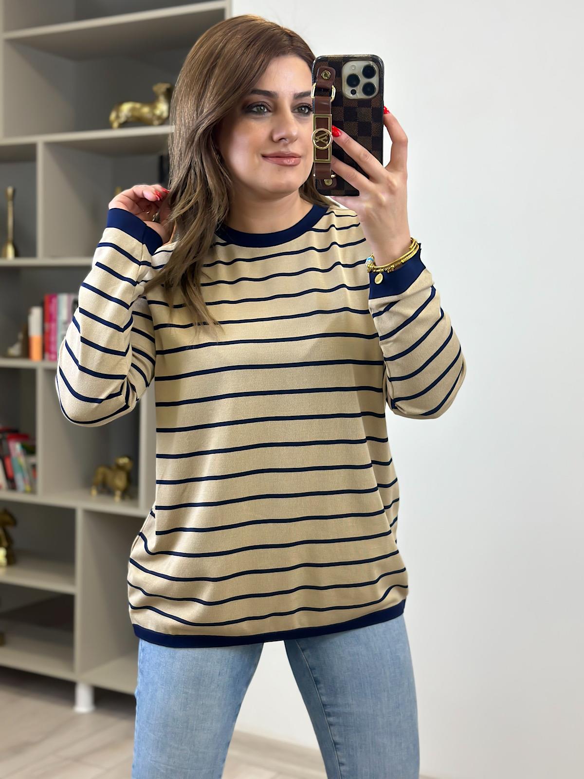 Basic Çizgili Uzun Kol Triko Kazak CAMEL LACİVERT