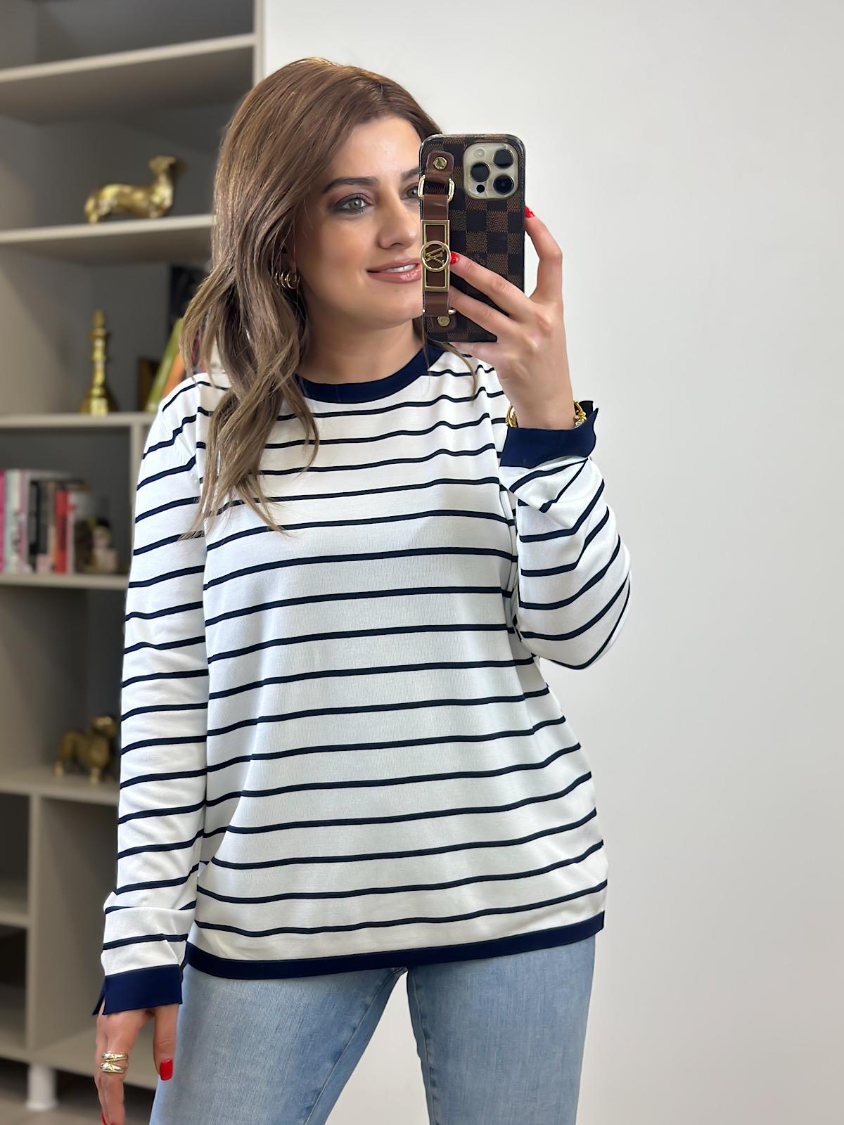 Basic Çizgili Uzun Kol Triko Kazak EKRU LACİVERT