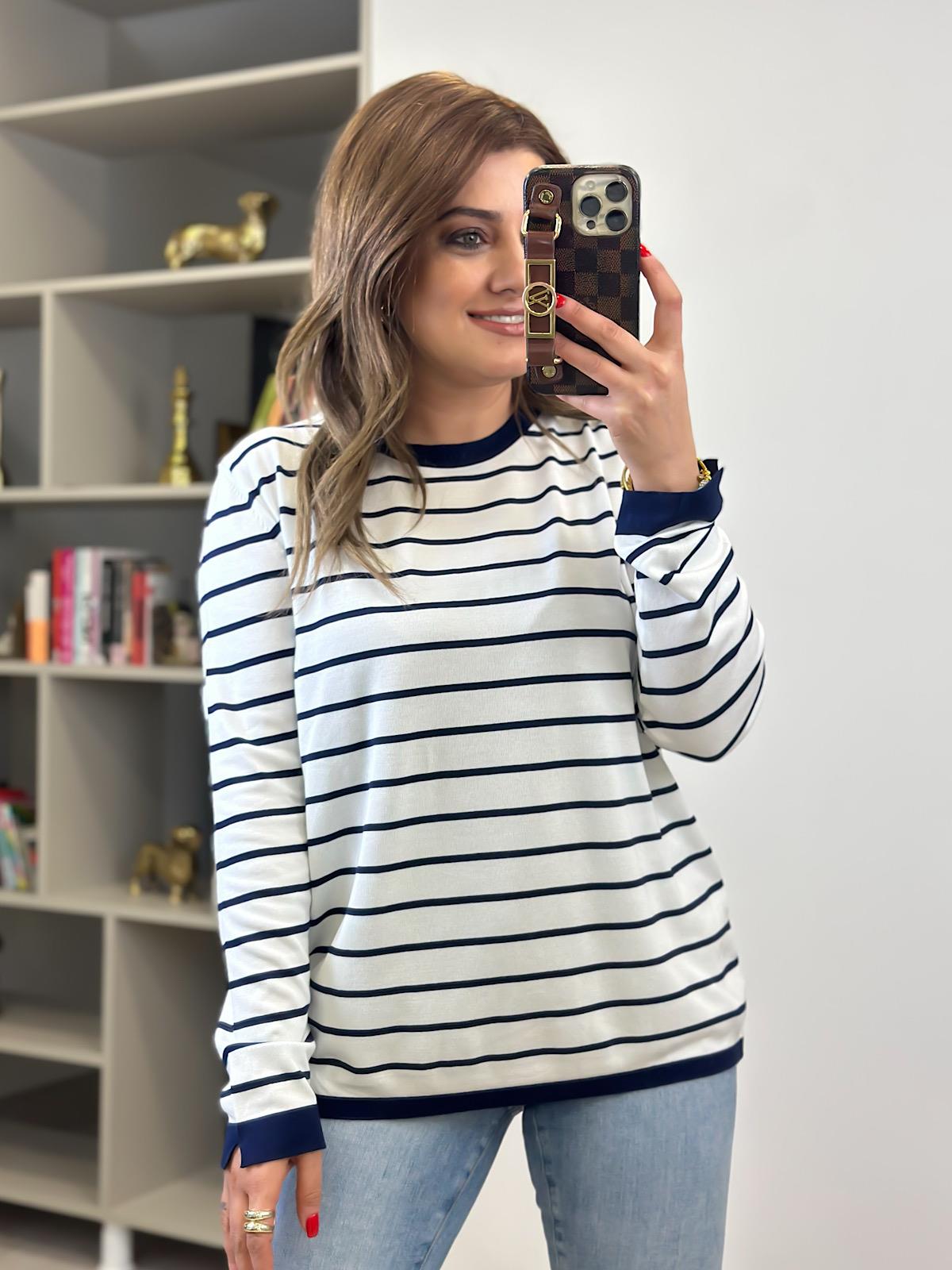 Basic Çizgili Uzun Kol Triko Kazak EKRU LACİVERT