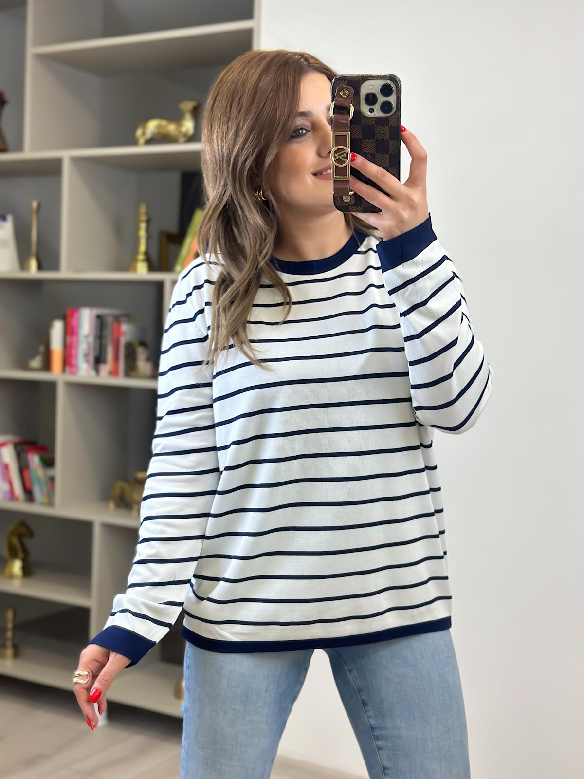 Basic Çizgili Uzun Kol Triko Kazak EKRU LACİVERT