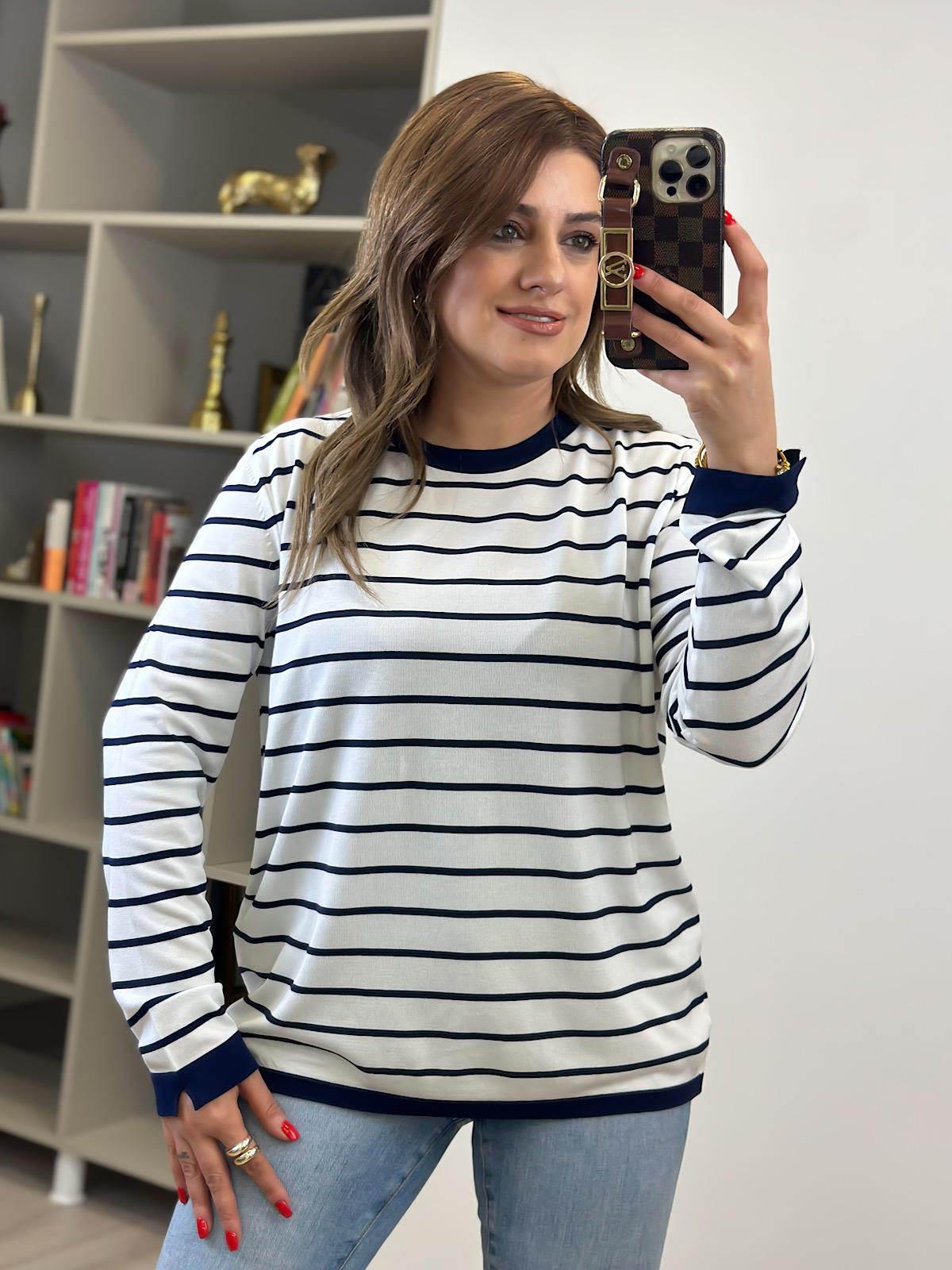 Basic Çizgili Uzun Kol Triko Kazak EKRU LACİVERT