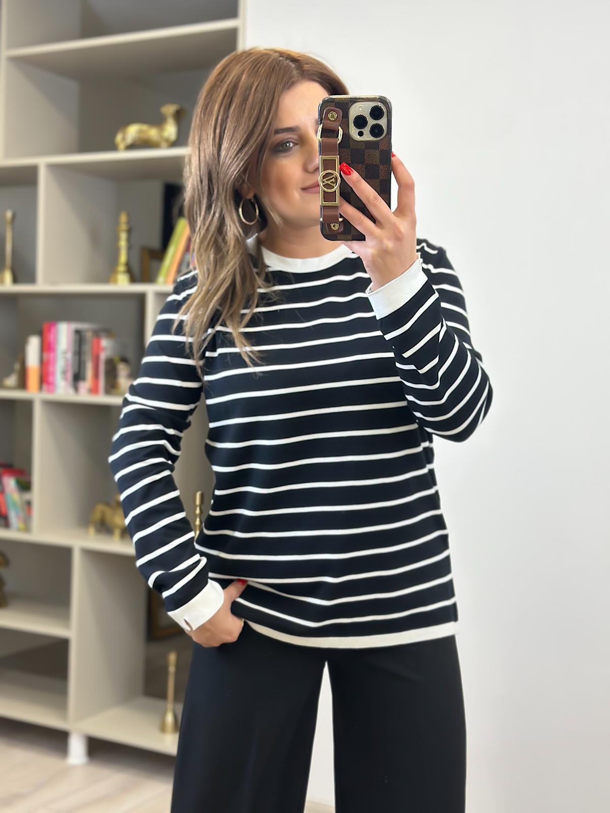 Basic Çizgili Uzun Kol Triko Kazak SİYAH EKRU