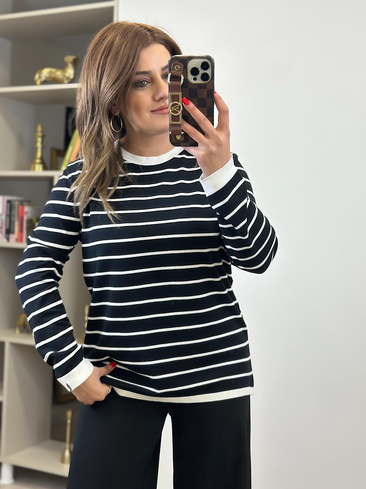 Basic Çizgili Uzun Kol Triko Kazak SİYAH EKRU