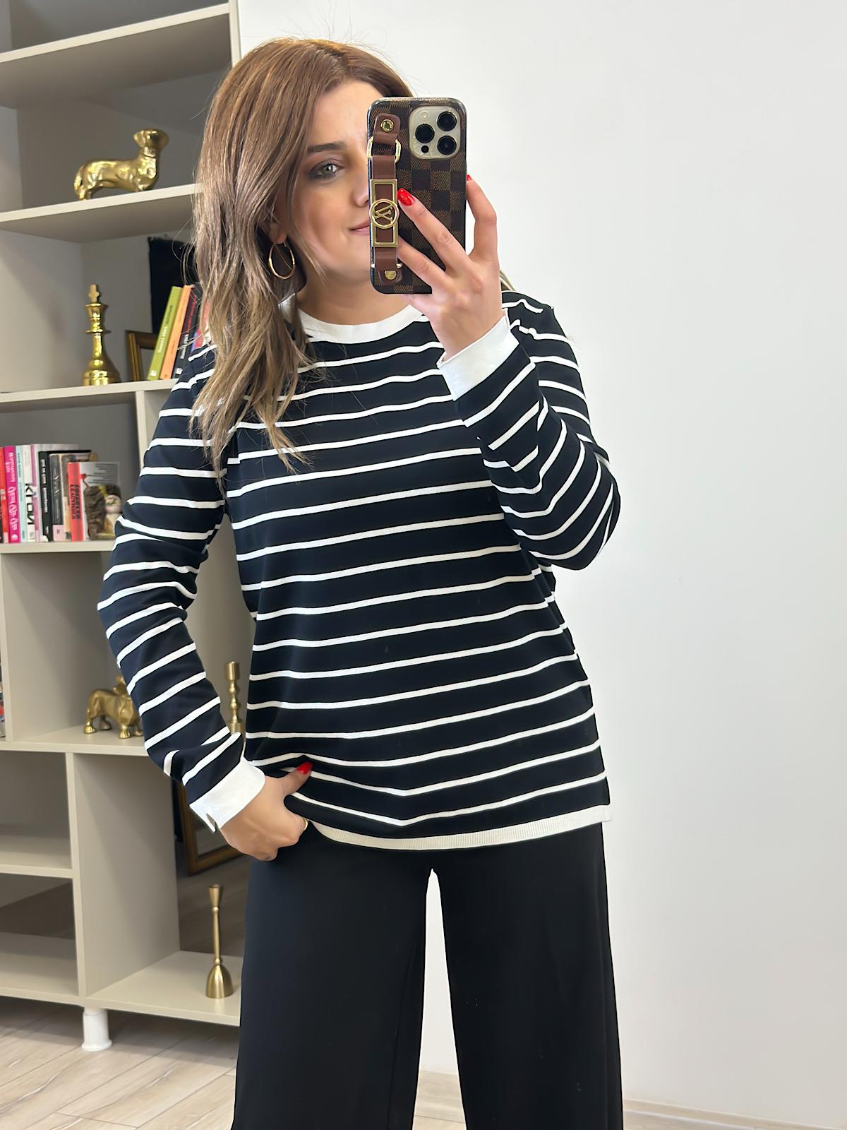 Basic Çizgili Uzun Kol Triko Kazak SİYAH EKRU