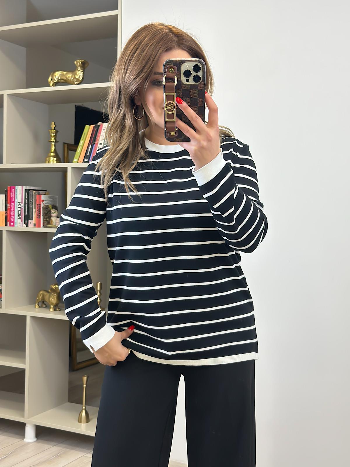 Basic Çizgili Uzun Kol Triko Kazak SİYAH EKRU