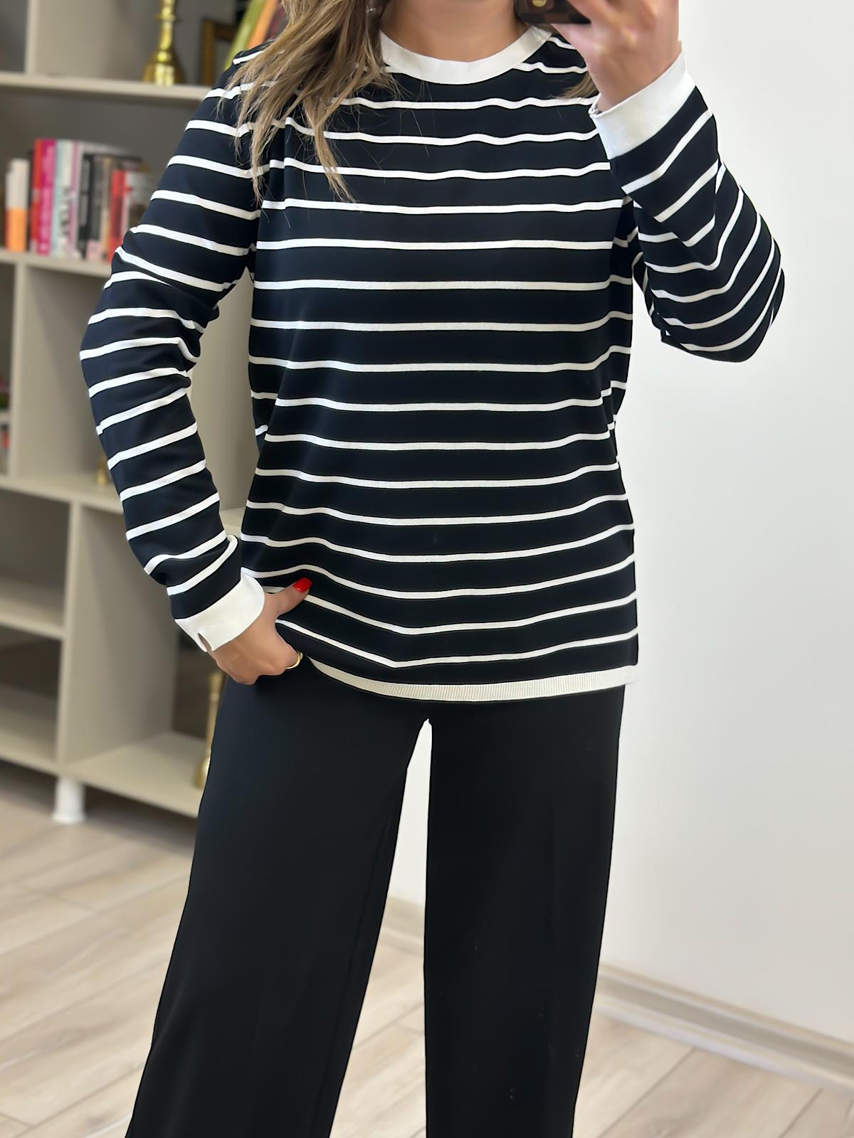 Basic Çizgili Uzun Kol Triko Kazak SİYAH EKRU
