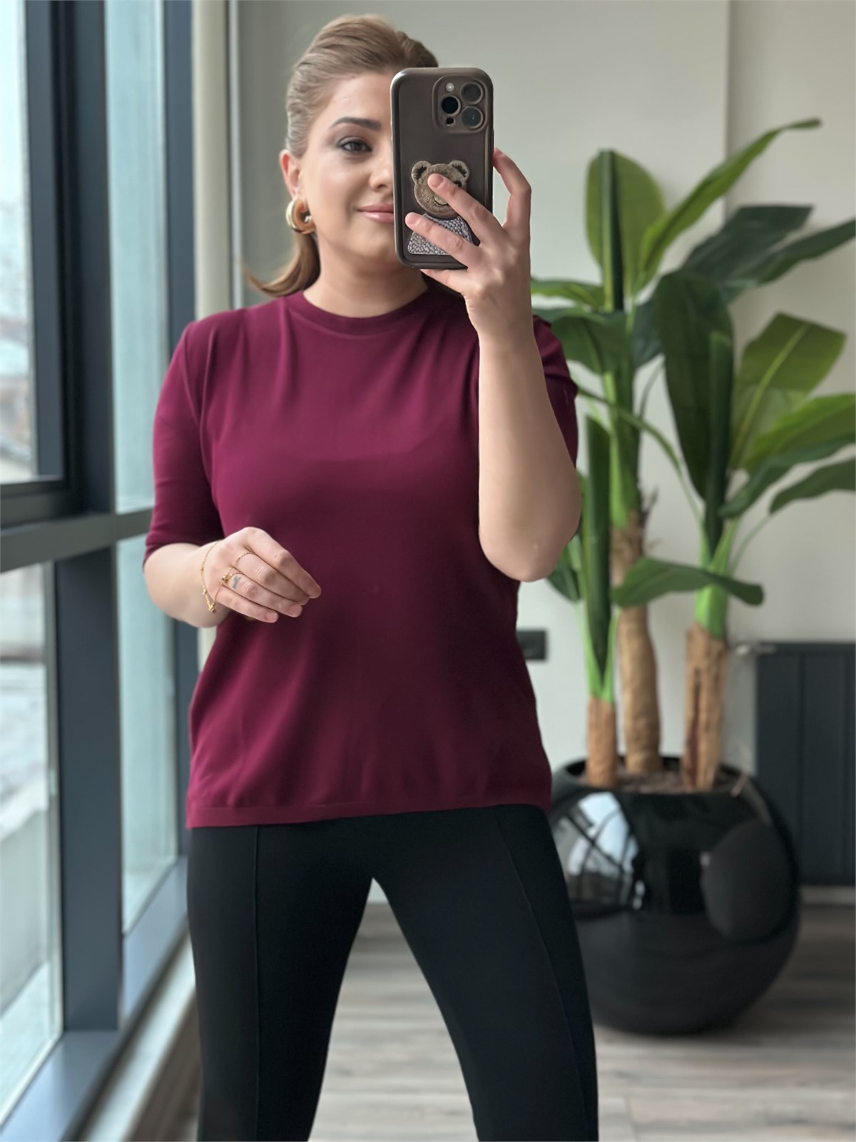 Basic Yaka Kısa Kollu Triko BORDO