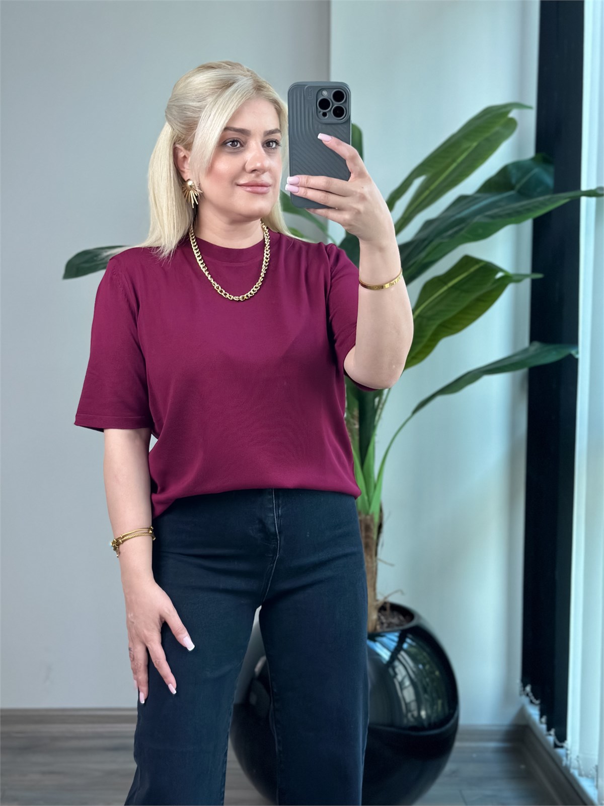 Basic Yaka Kısa Kollu Triko BORDO