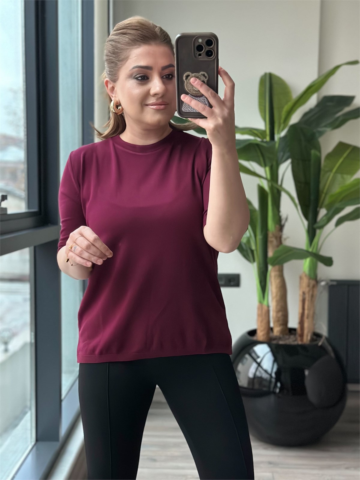 Basic Yaka Kısa Kollu Triko BORDO