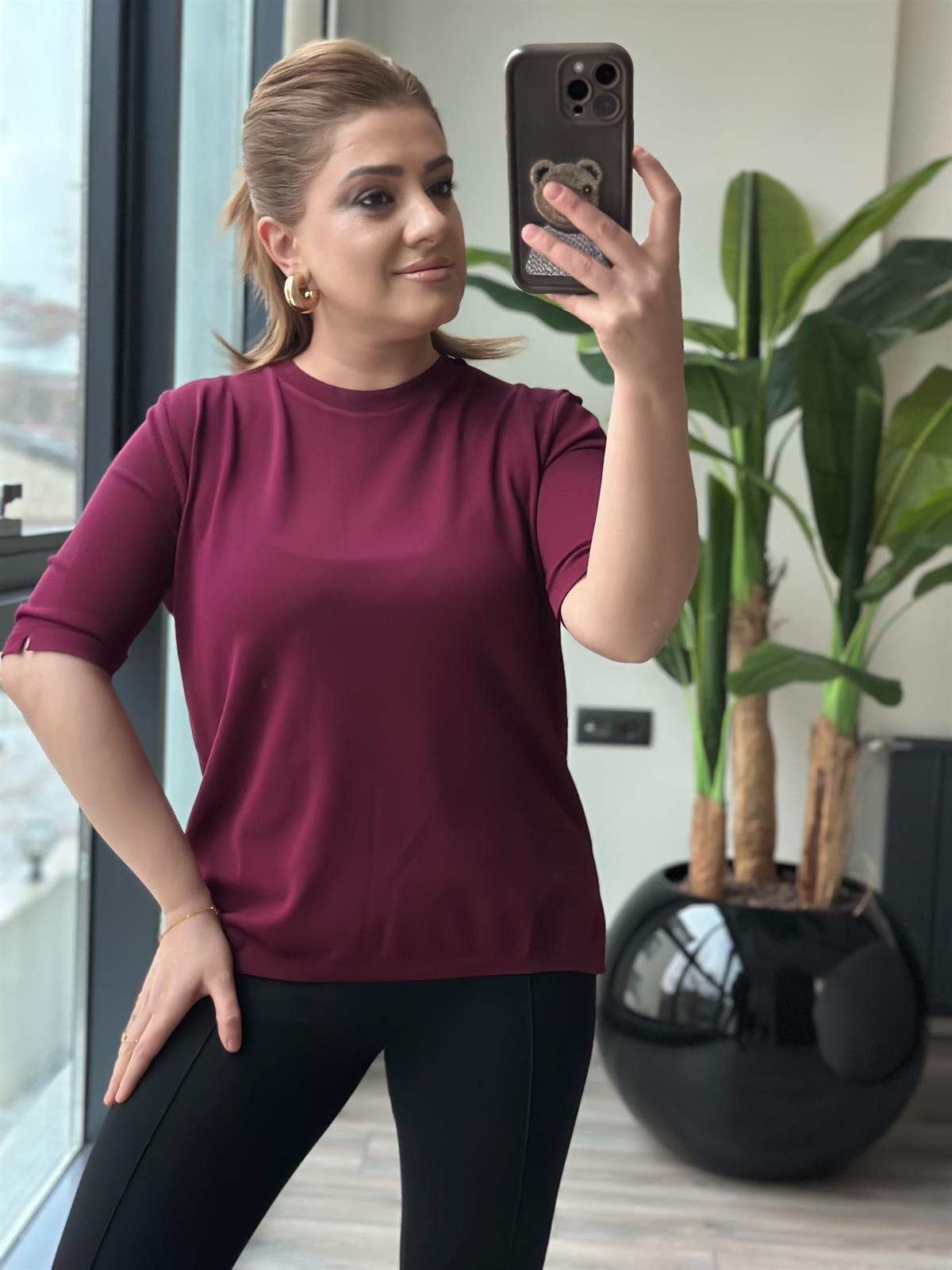 Basic Yaka Kısa Kollu Triko BORDO