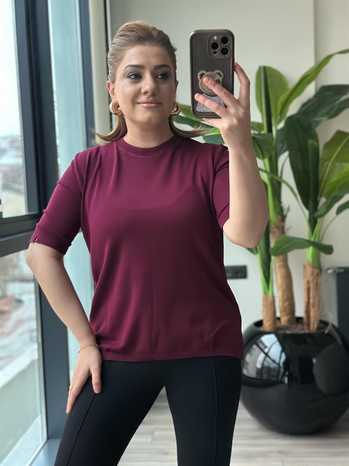 Basic Yaka Kısa Kollu Triko BORDO