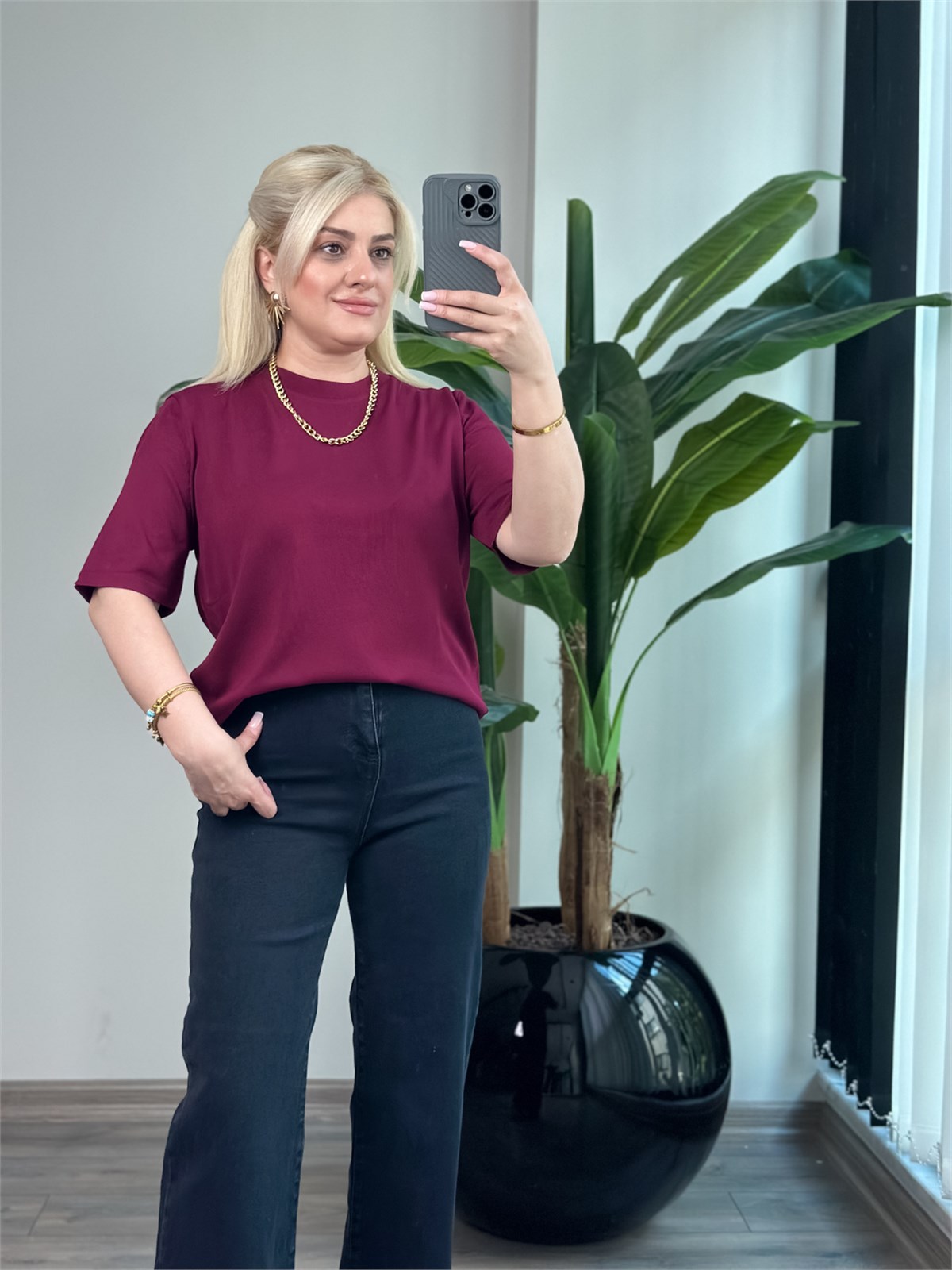 Basic Yaka Kısa Kollu Triko BORDO