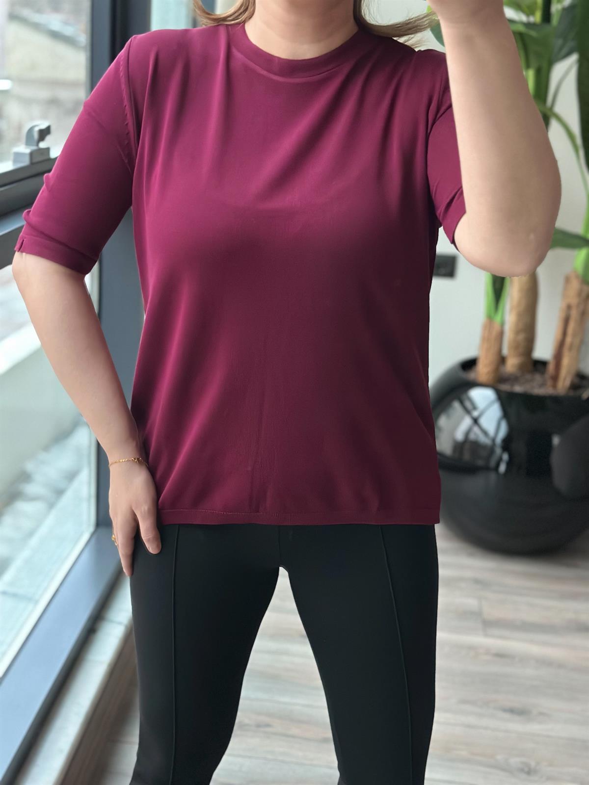 Basic Yaka Kısa Kollu Triko BORDO