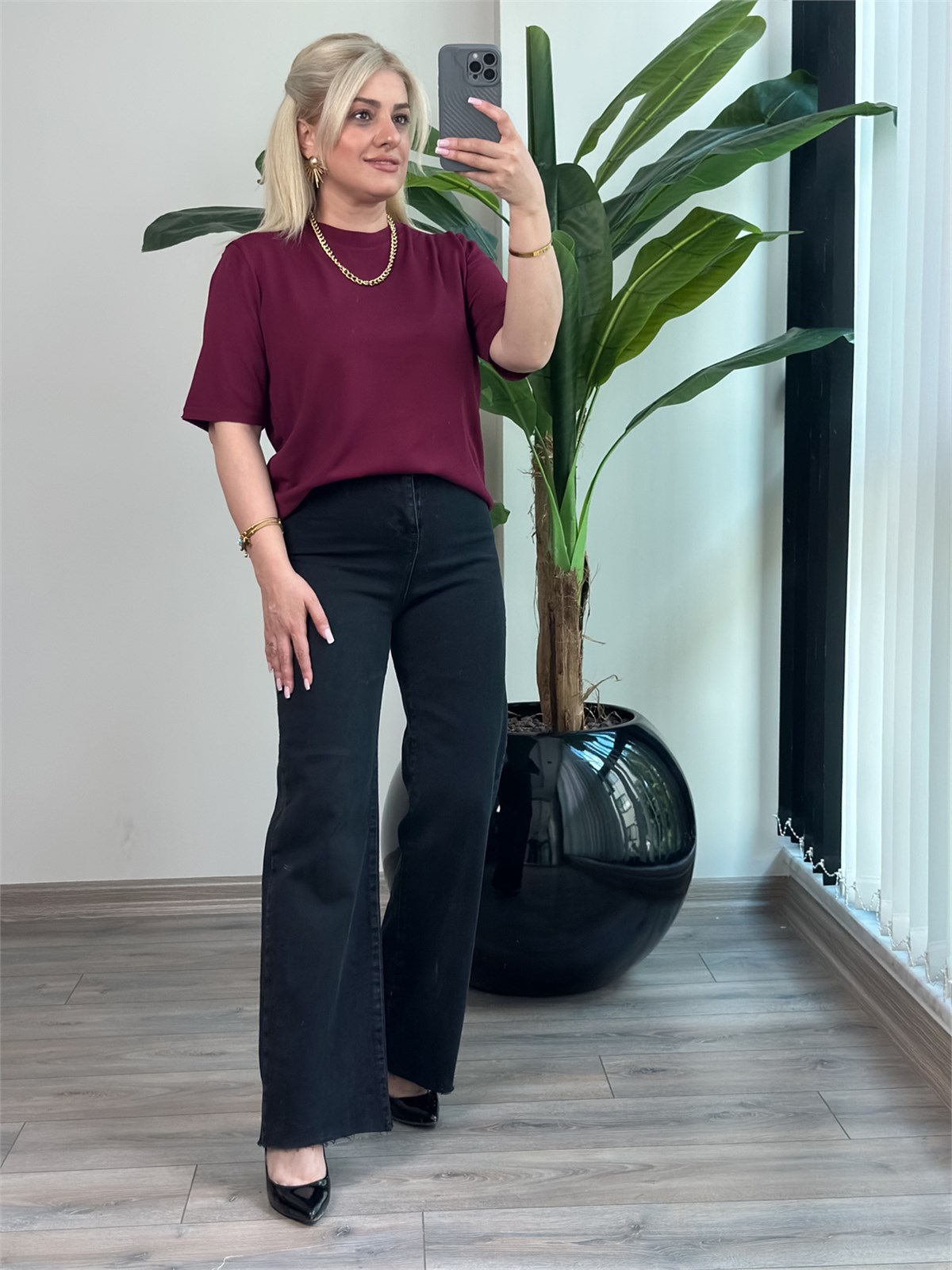 Basic Yaka Kısa Kollu Triko BORDO