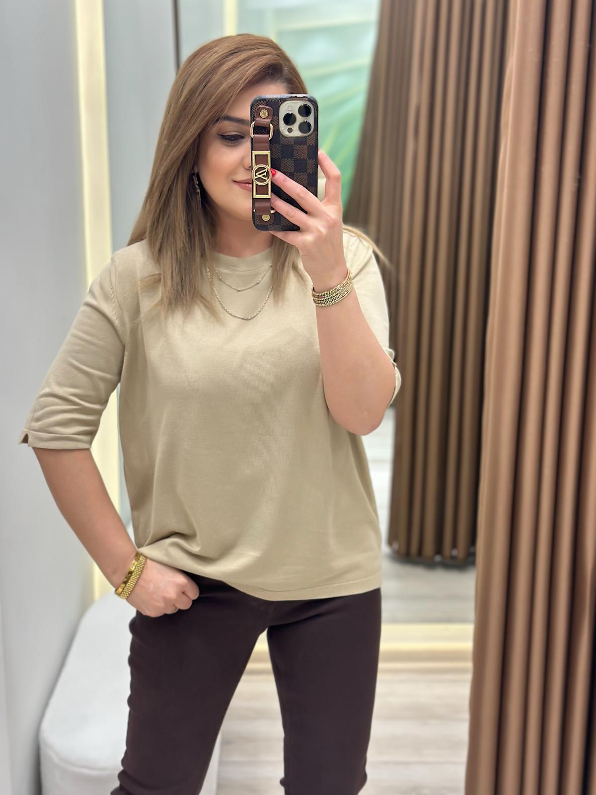 Basic Yaka Kısa Kollu Triko CAMEL