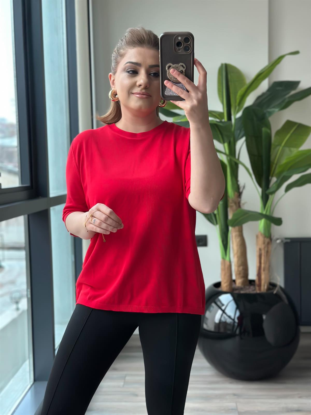 Basic Yaka Kısa Kollu Triko KIRMIZI