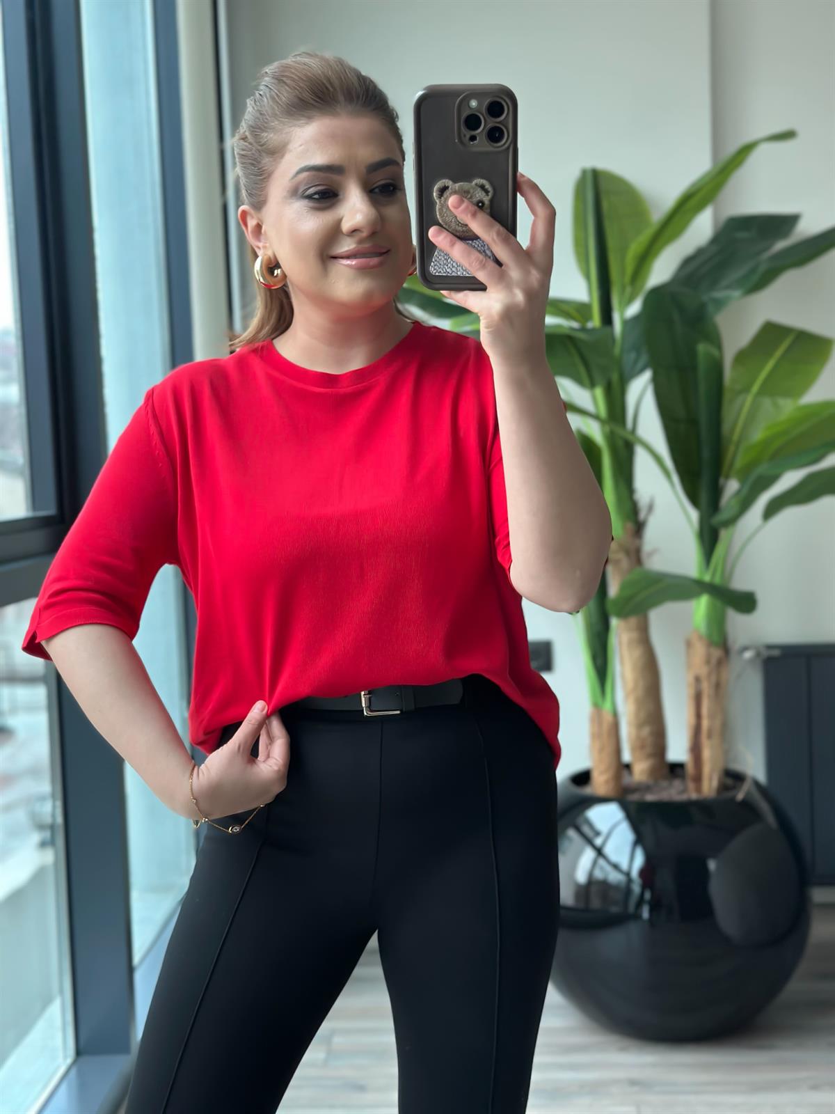 Basic Yaka Kısa Kollu Triko KIRMIZI