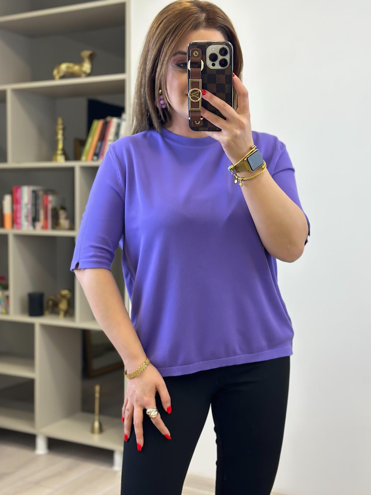 Basic Yaka Kısa Kollu Triko LİLA