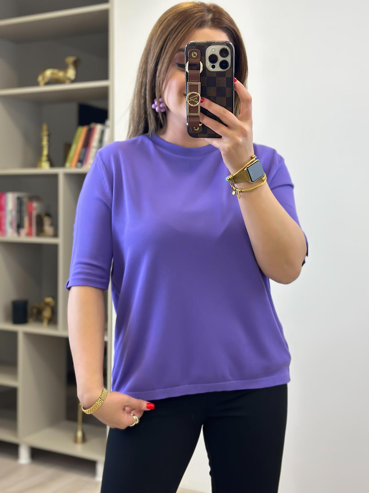 Basic Yaka Kısa Kollu Triko LİLA