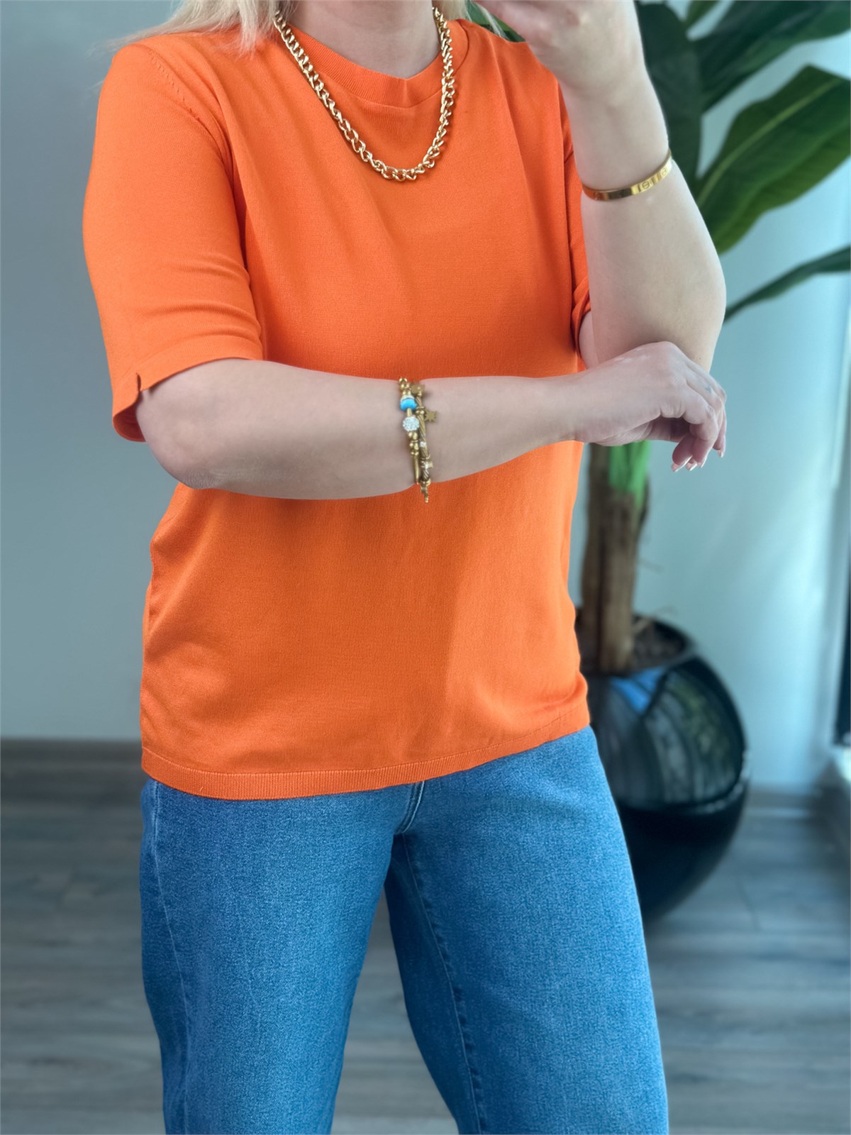 Basic Yaka Kısa Kollu Triko ORANJ