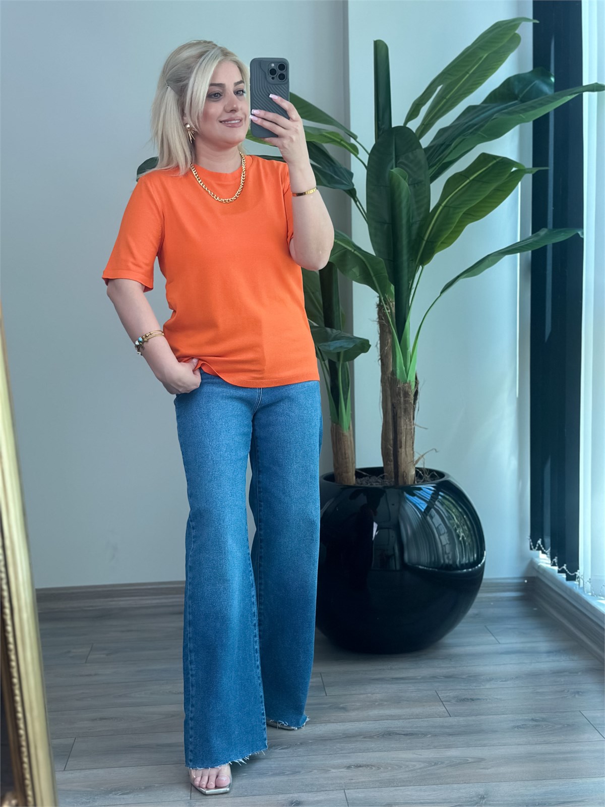 Basic Yaka Kısa Kollu Triko ORANJ