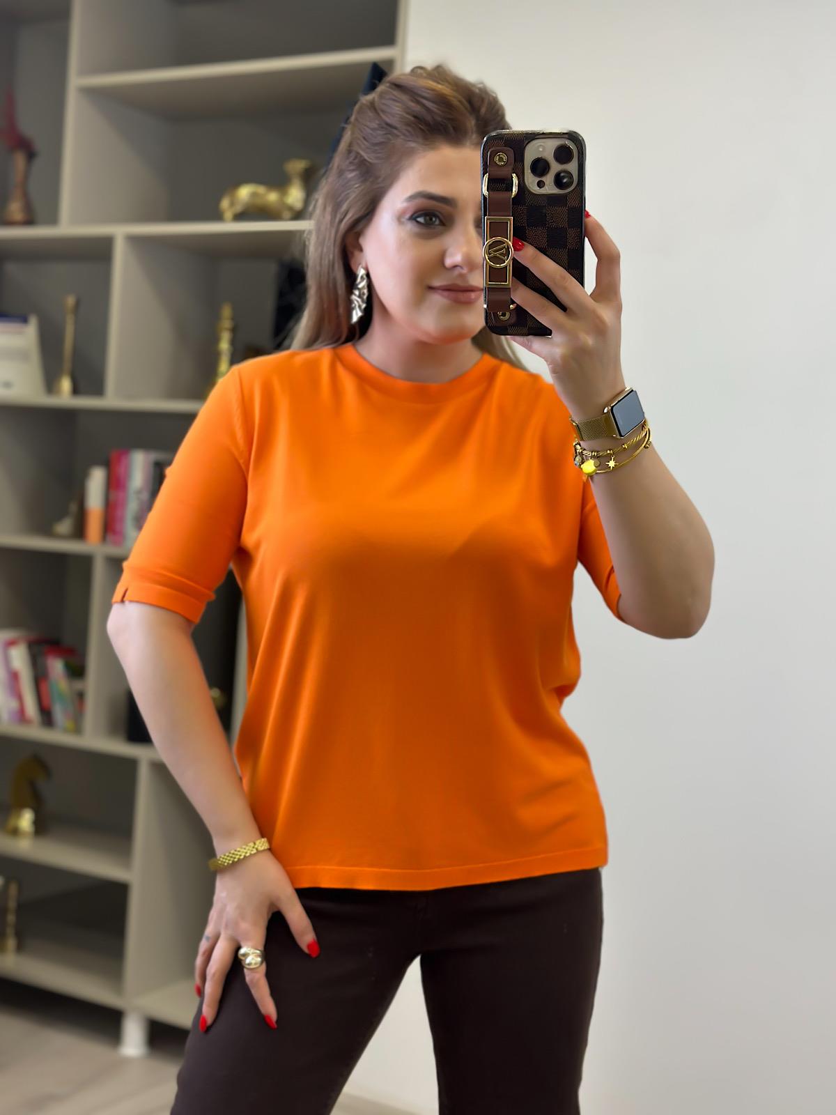 Basic Yaka Kısa Kollu Triko ORANJ