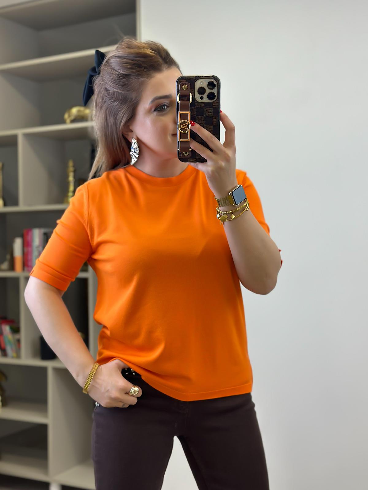 Basic Yaka Kısa Kollu Triko ORANJ