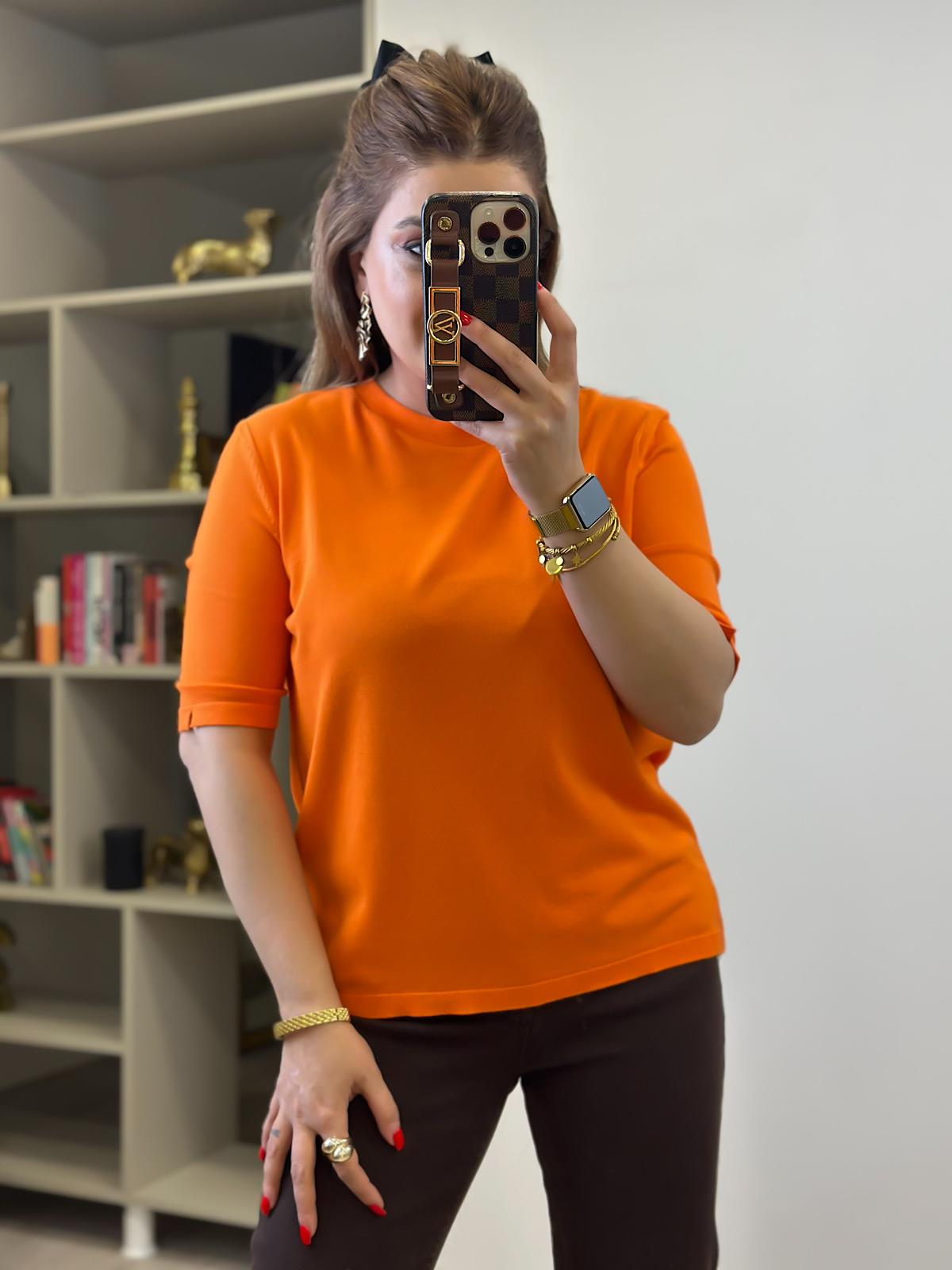 Basic Yaka Kısa Kollu Triko ORANJ