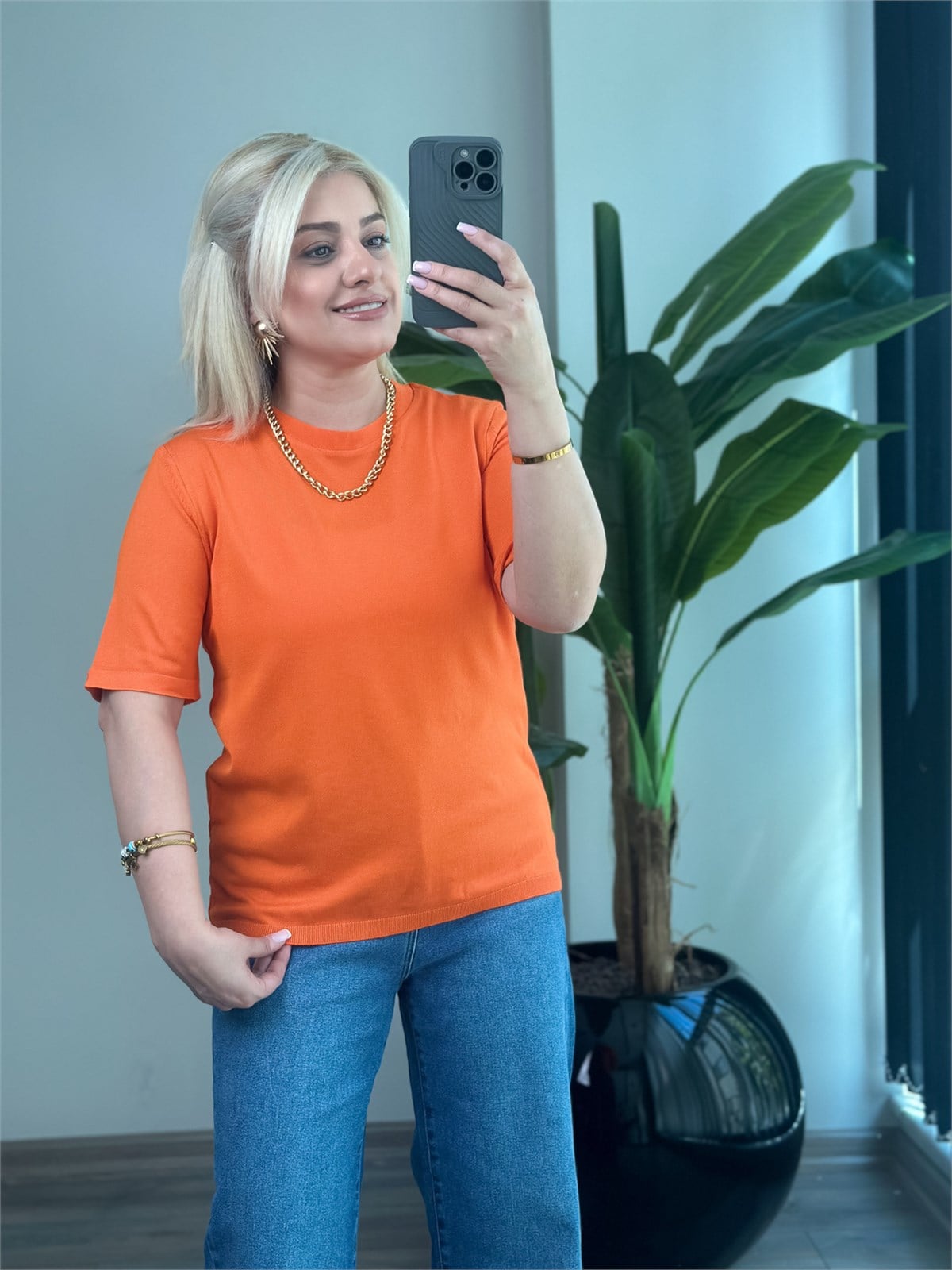 Basic Yaka Kısa Kollu Triko ORANJ