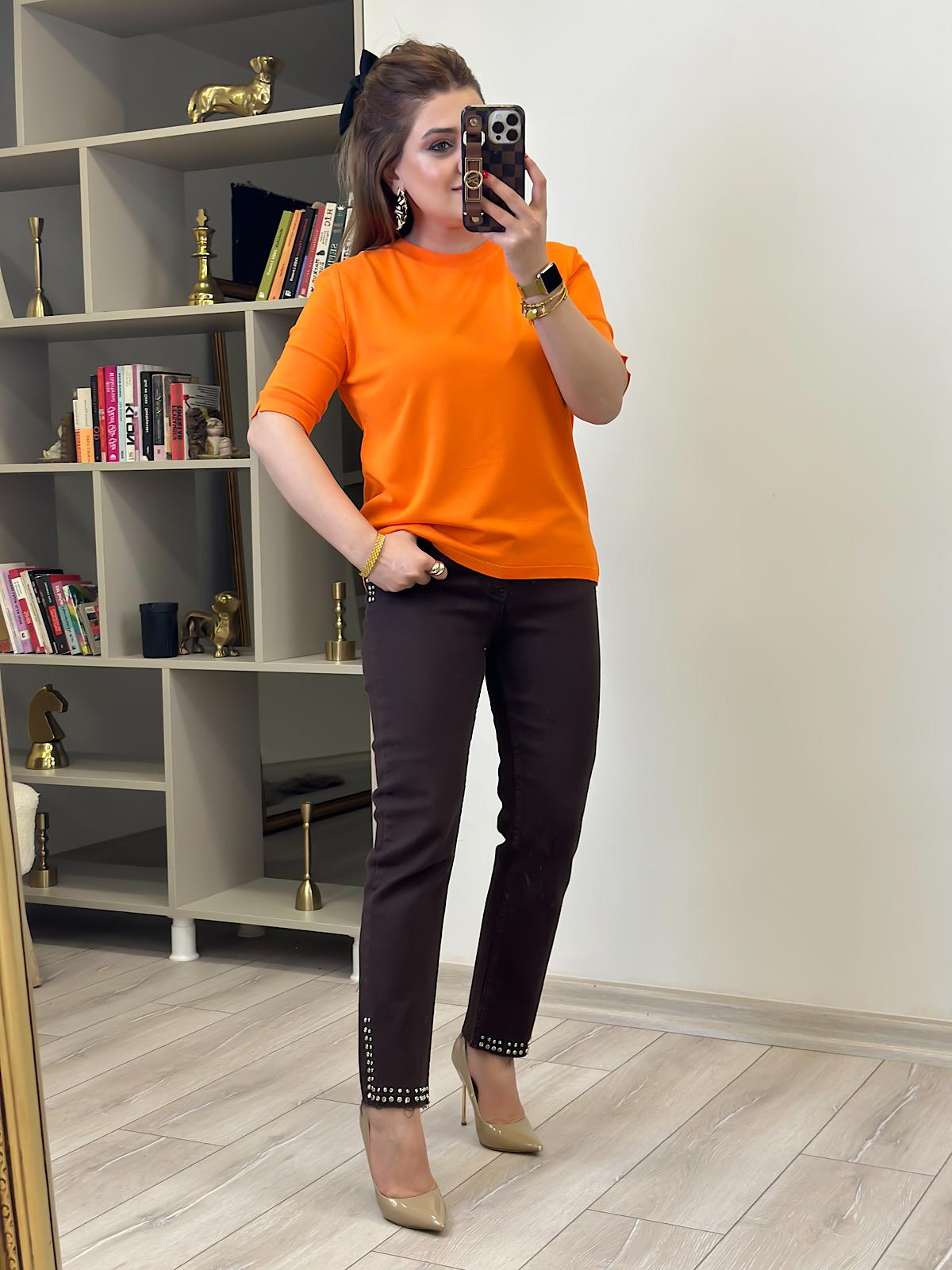 Basic Yaka Kısa Kollu Triko ORANJ