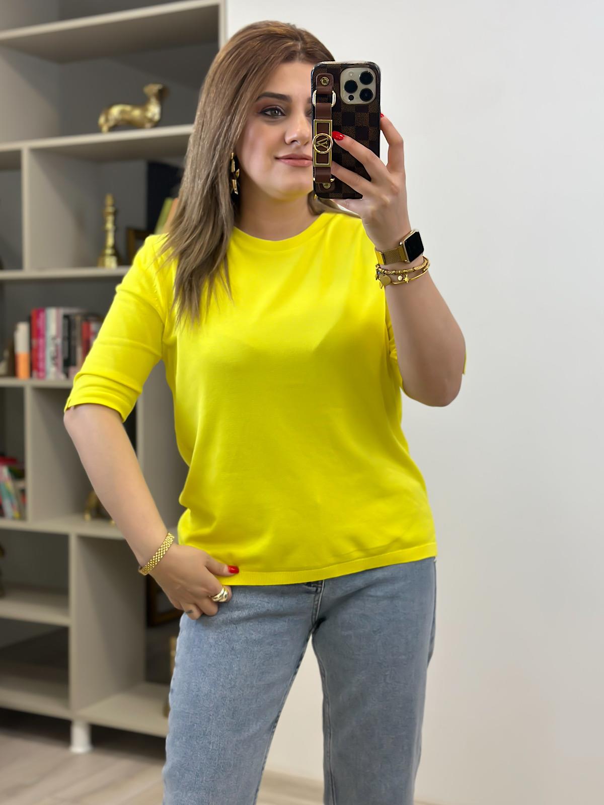 Basic Yaka Kısa Kollu Triko Sarı