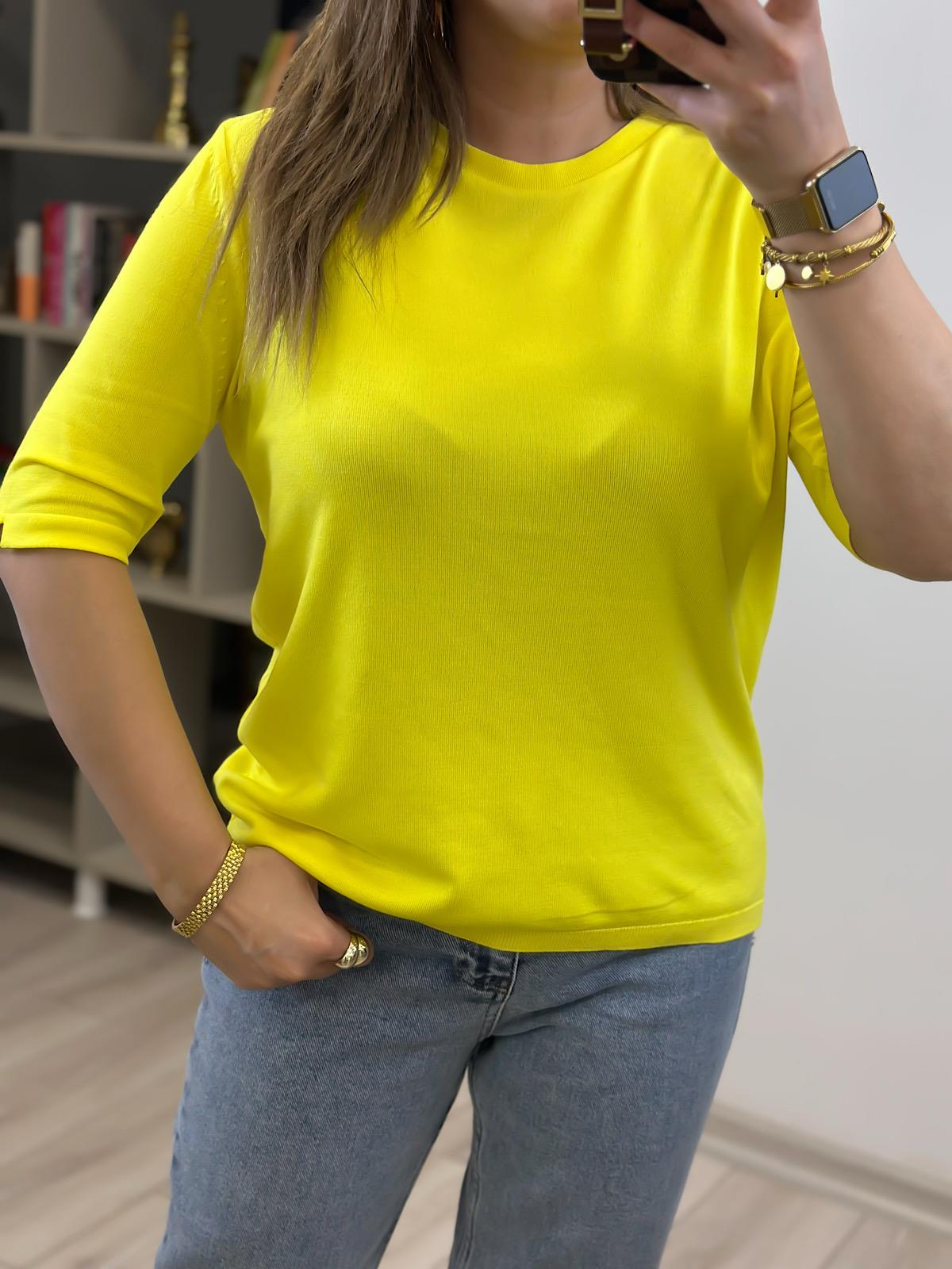 Basic Yaka Kısa Kollu Triko Sarı