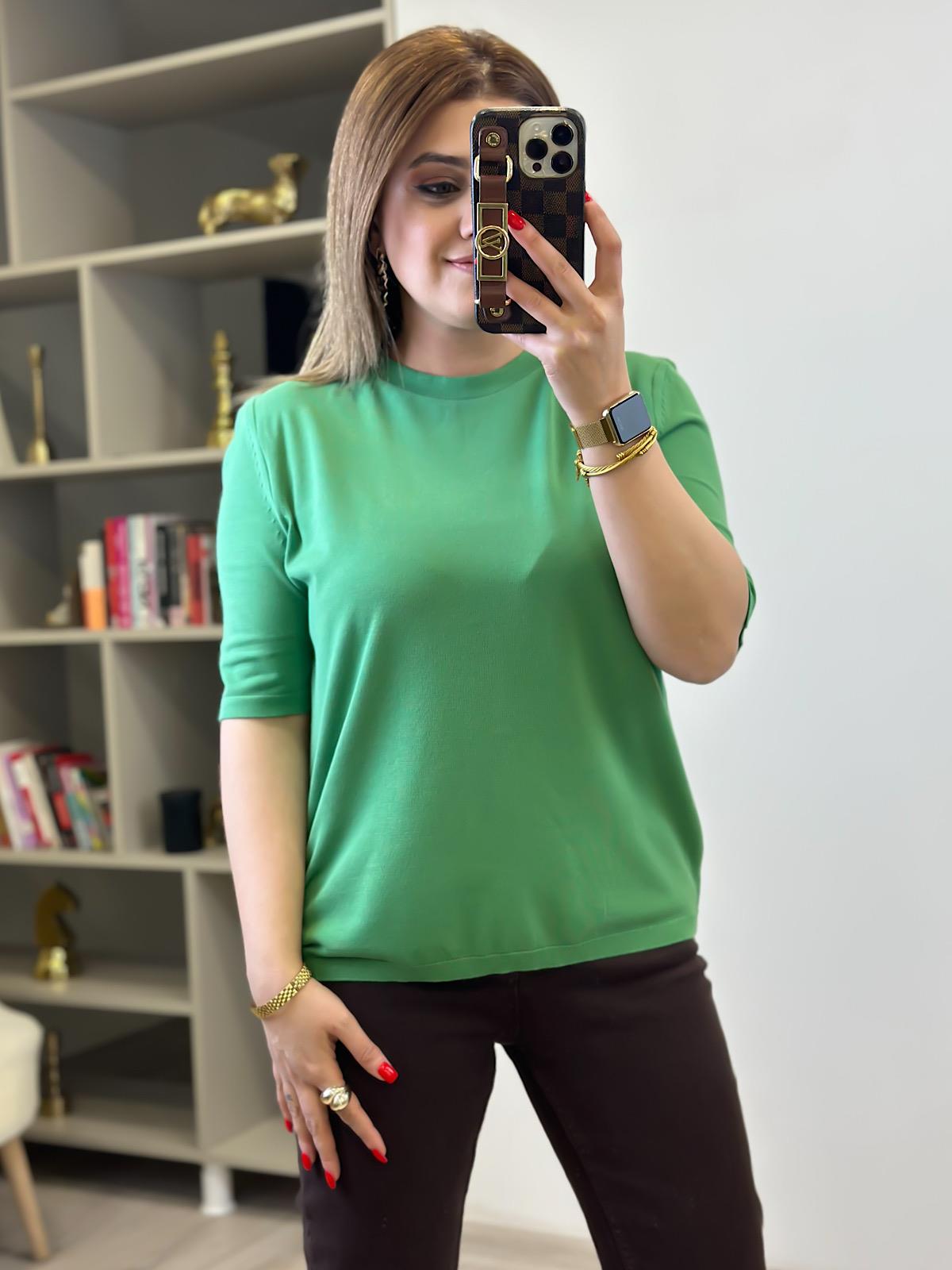 Basic Yaka Kısa Kollu Triko YEŞİL